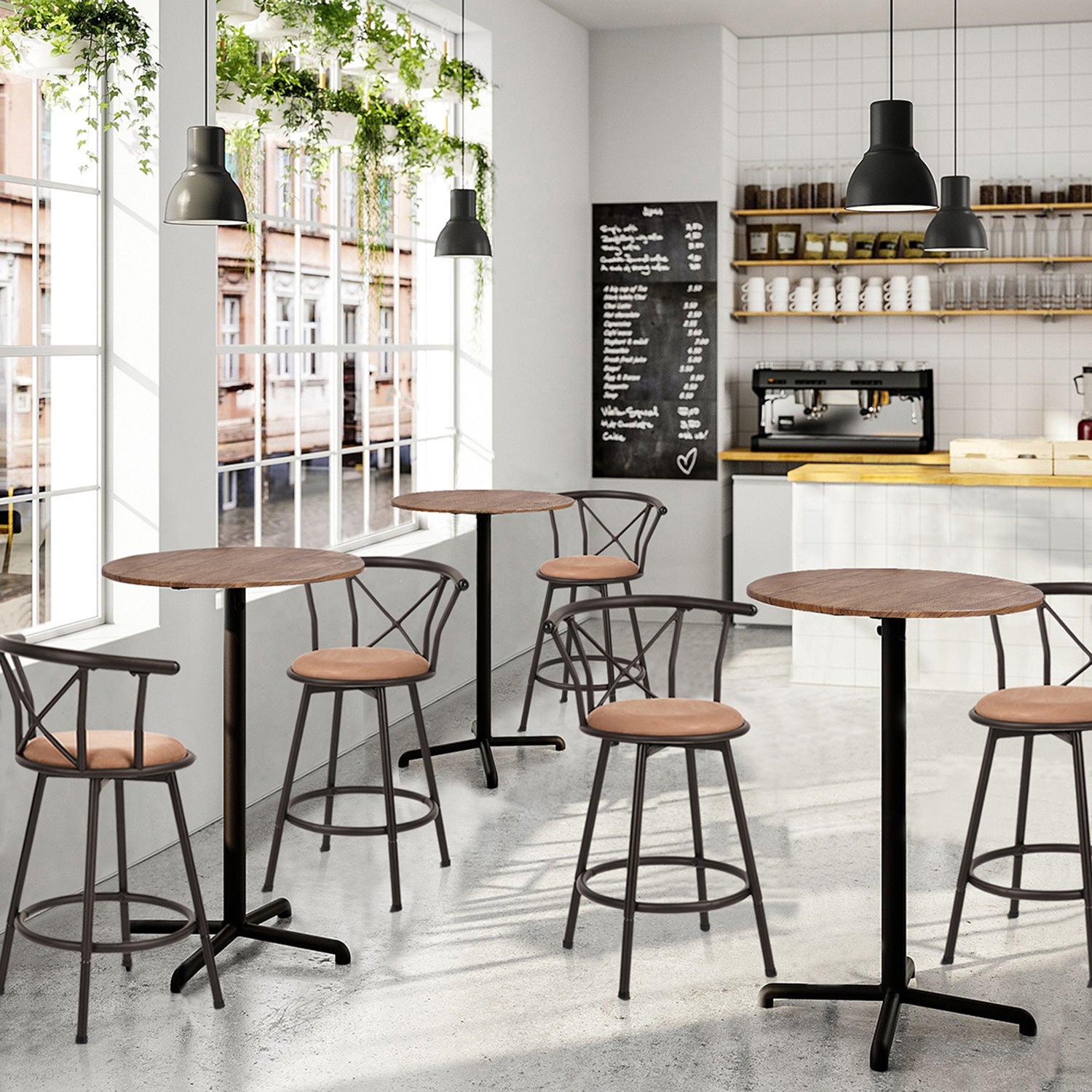 Lot de 6 tabourets de bar industriels pivotants avec dossier en tissu marron - HAILEY 24