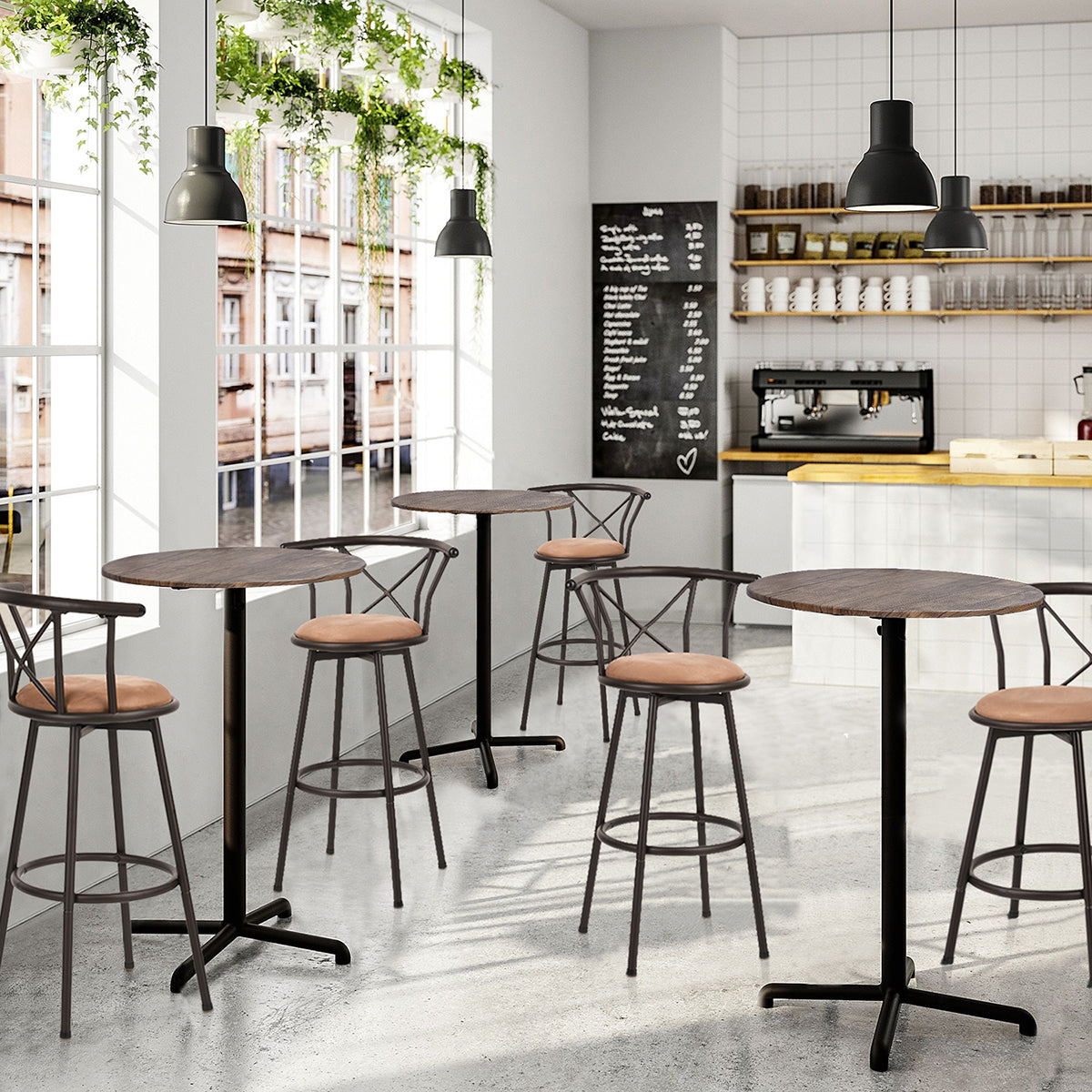 Set von 6 schwenkbaren Industriestangenhockern mit brauner Stoffrückländer - Hailey 29