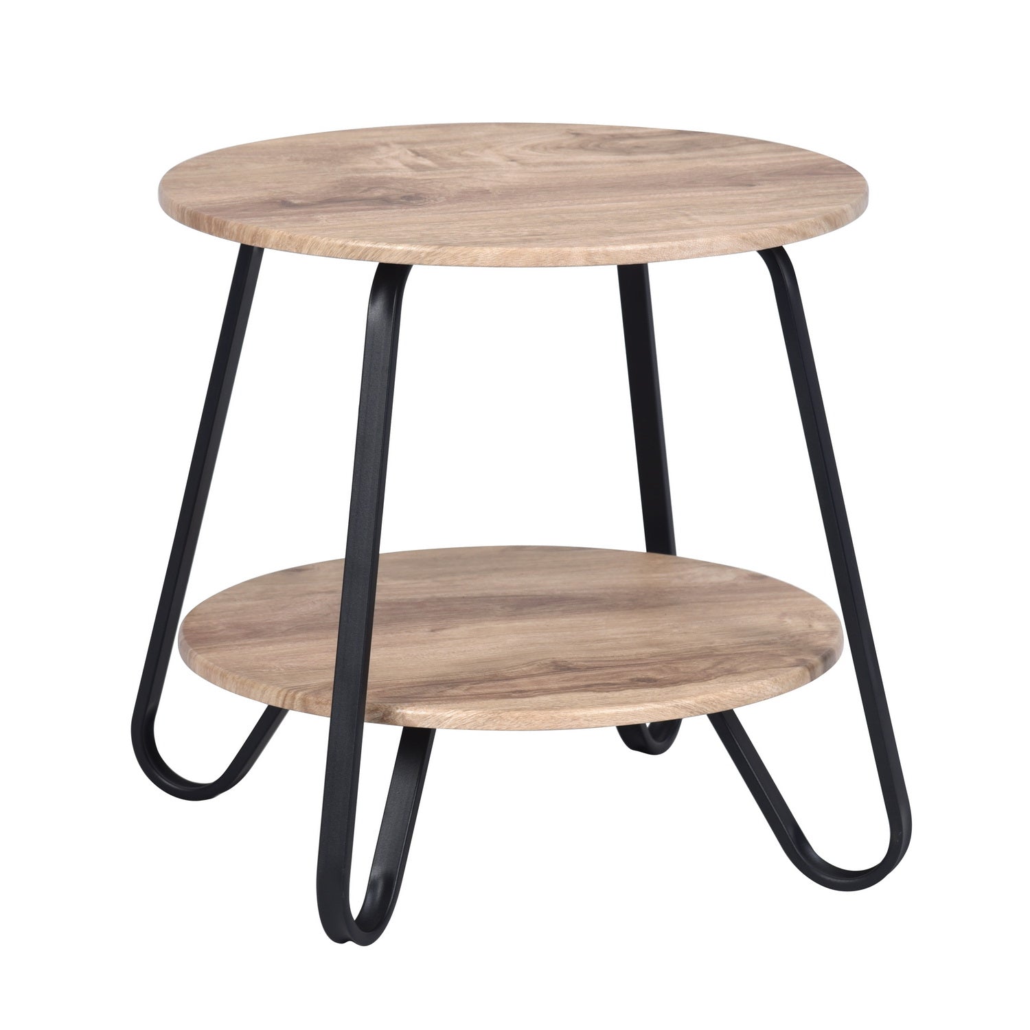 Table d'appoint ronde à 2 niveaux style industriel en métal noir et bois imitation chêne - KONYA TARRANT