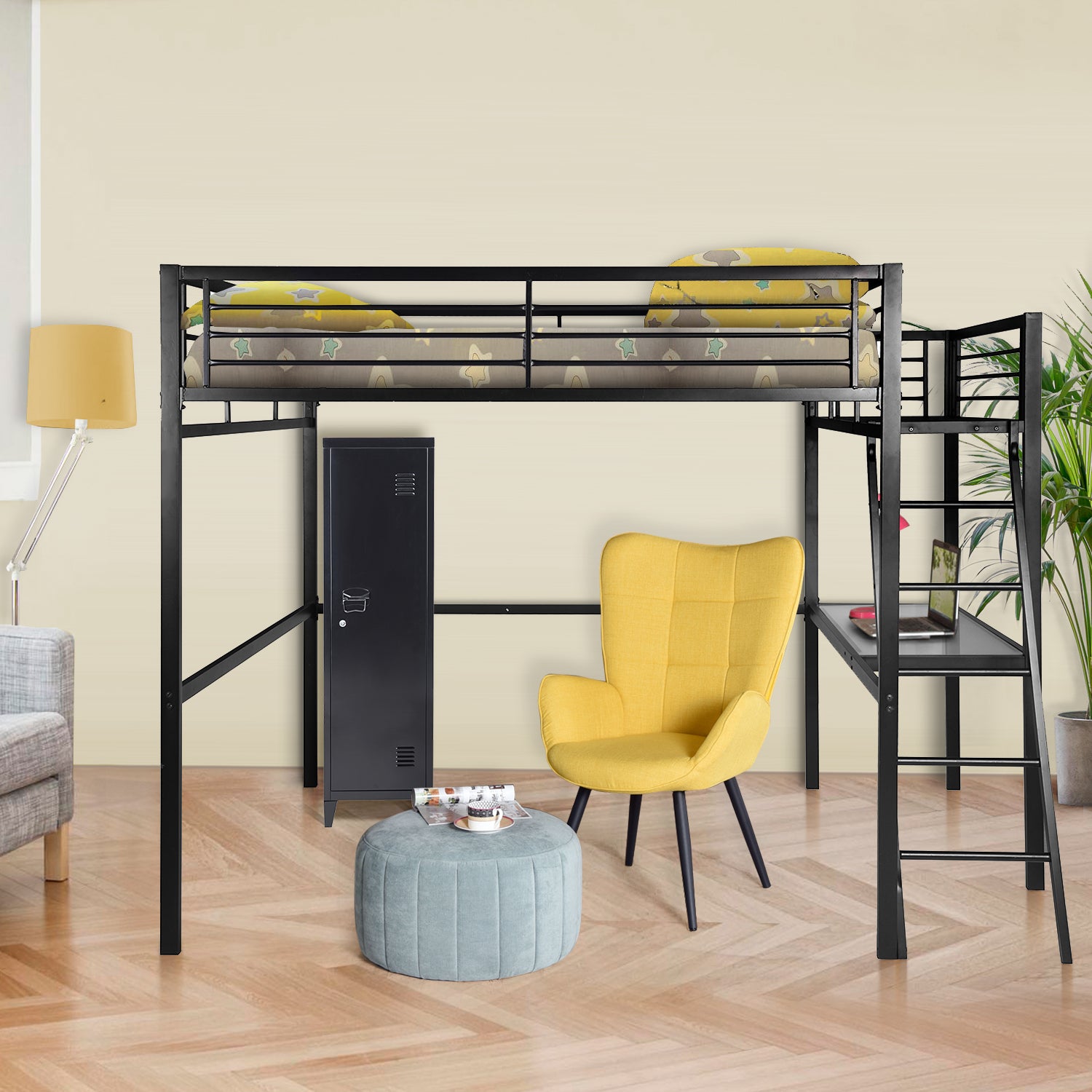 Lit mezzanine 2 places en métal noir avec bureau intégré, couchage de 140x190cm (matelas non inclus) - LIONEL