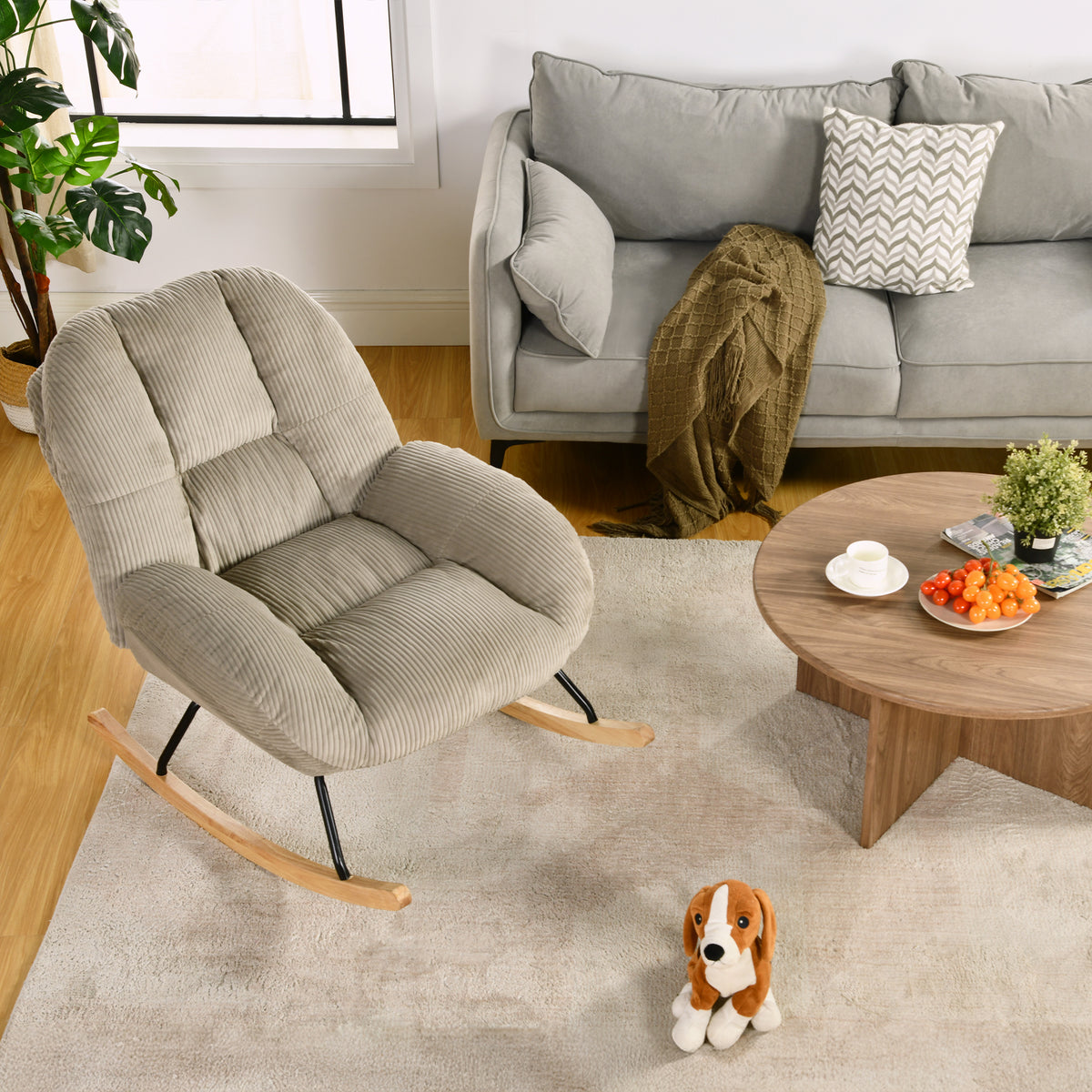Fauteuil à bascule scandinave en velours côtelé avec accoudoirs pour salon ou chambre à coucher, gris - LITHOPS