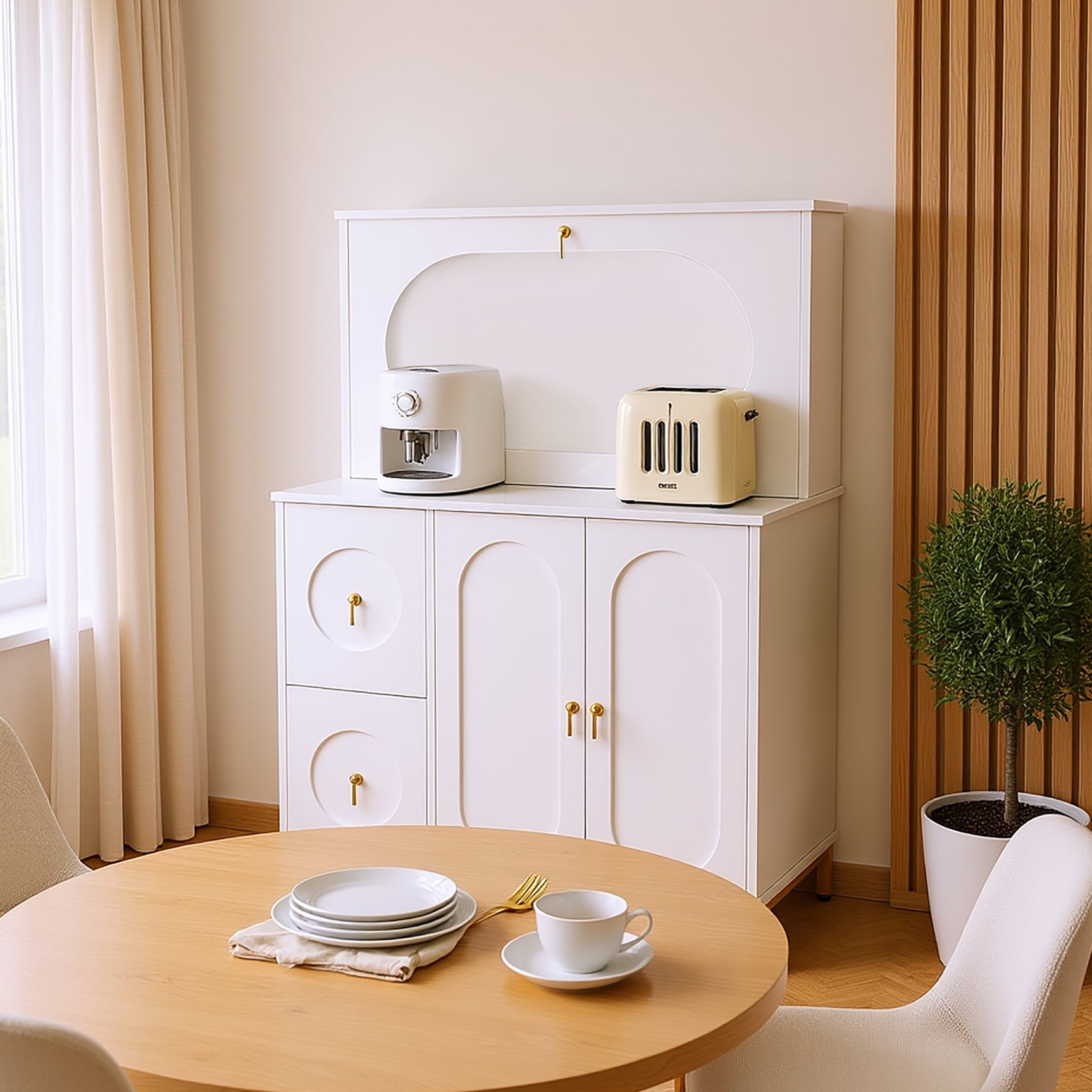 Multifunctional secretary with folding worktop and large storage spaces in white