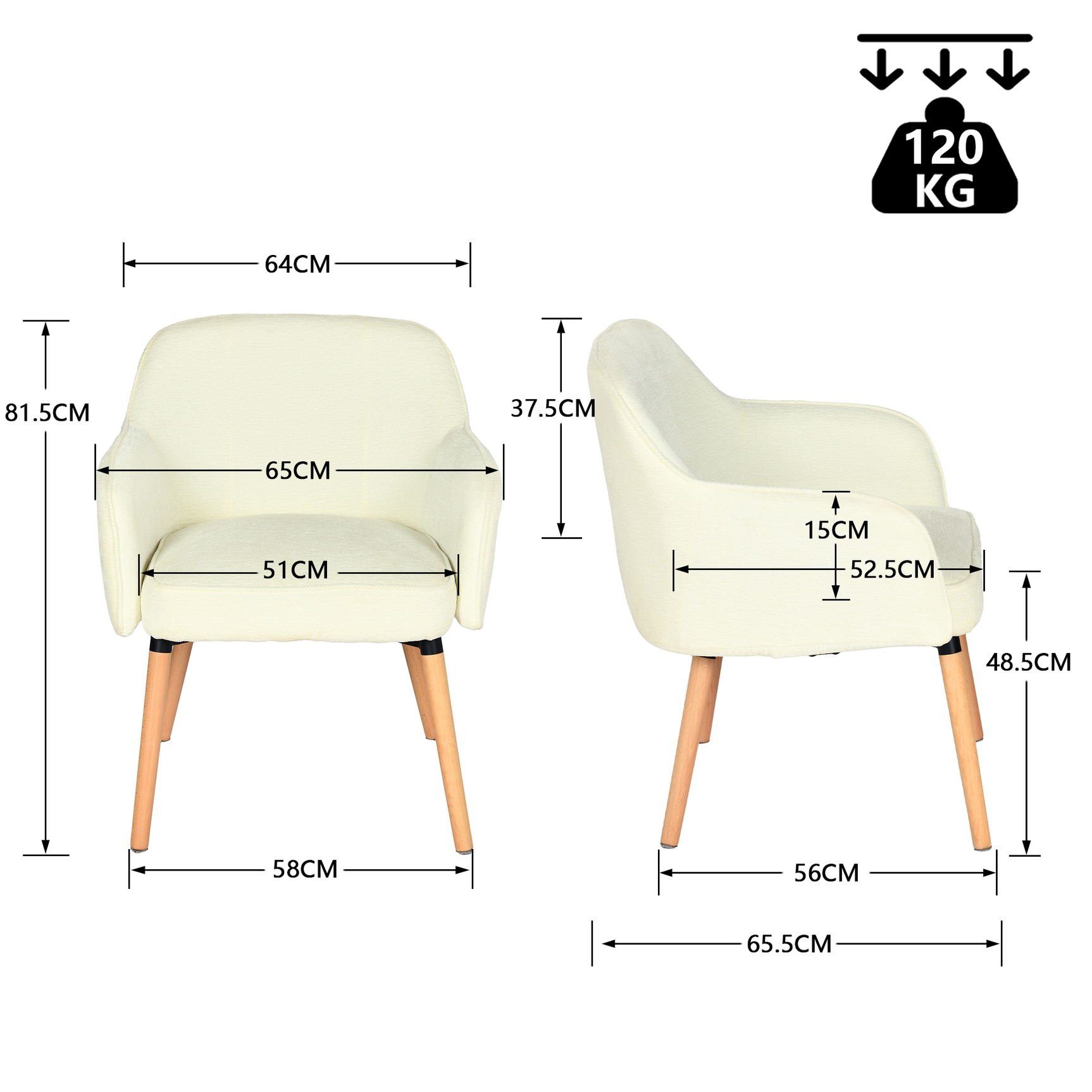Fauteuil scandinave relax en tissu chenille crème avec accoudoirs et pieds en bois âââââââ€?MARRIAM