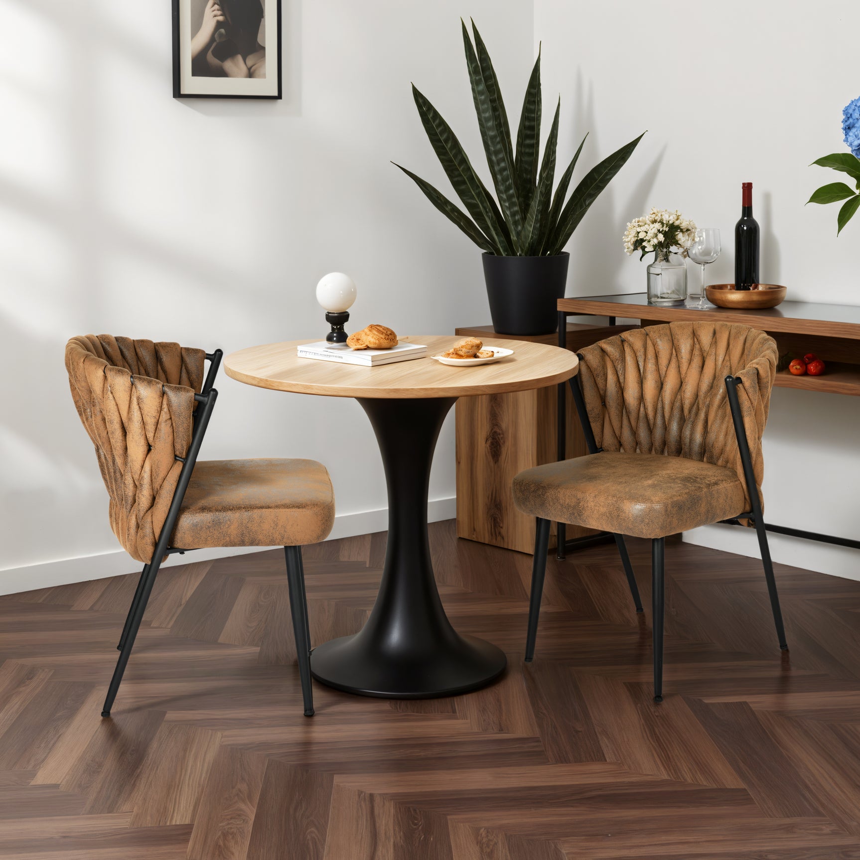 Set of 2 dining room chairs retro vintage style with braided file in brown suede - miliana