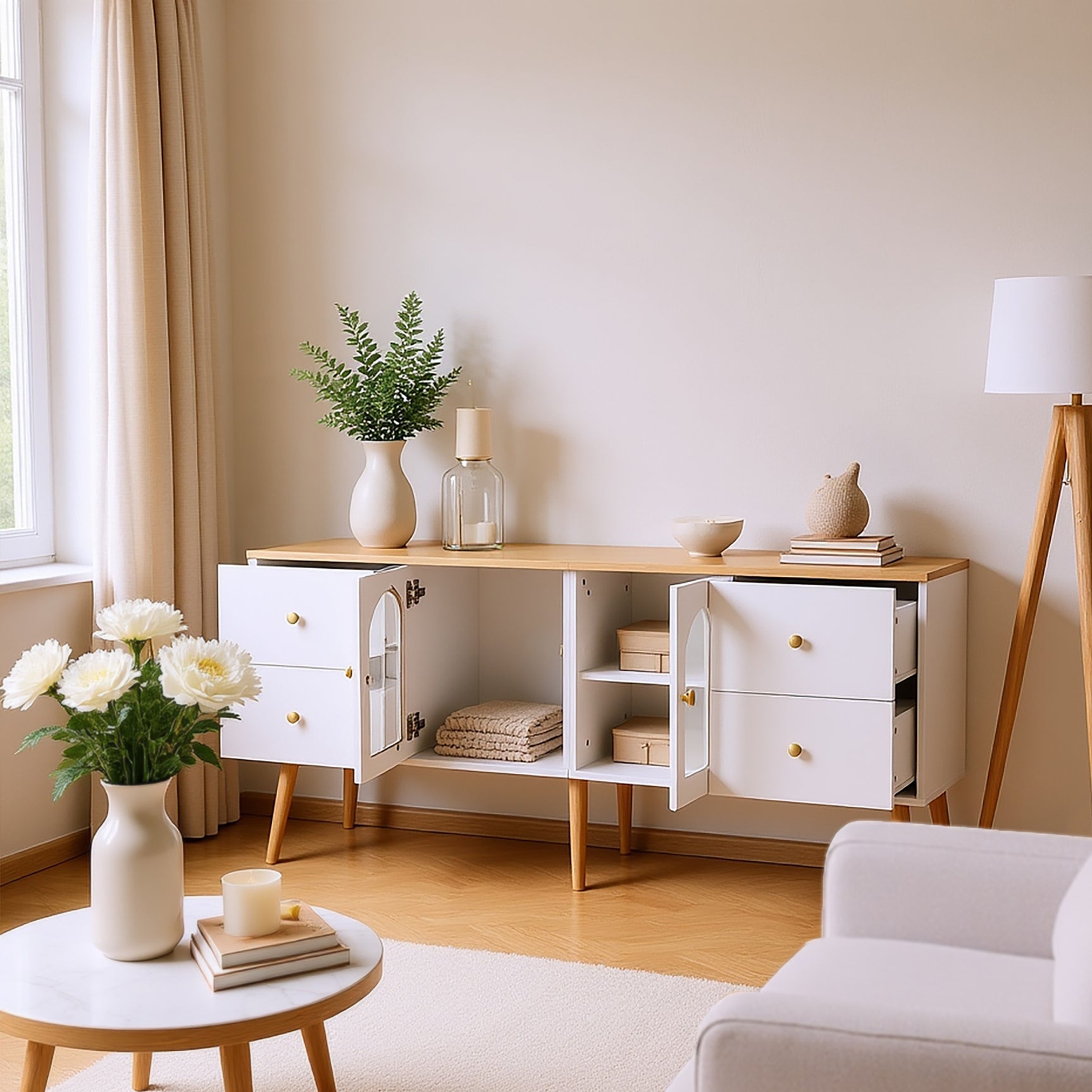 TV cabinet with 4 drawers and 2 glass doors in tempered glass, modern white design and natural wood
