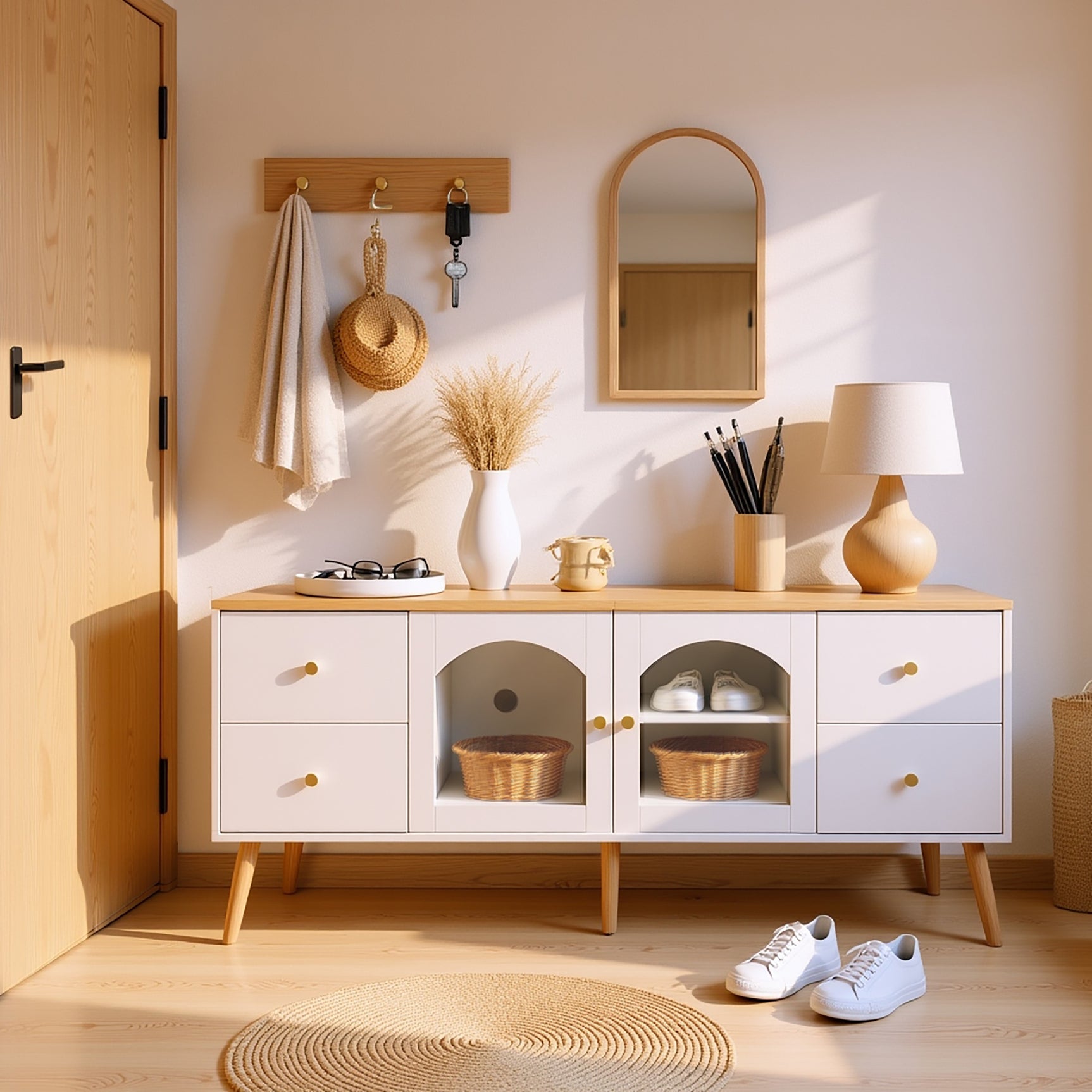 TV cabinet with 4 drawers and 2 glass doors in tempered glass, modern white design and natural wood