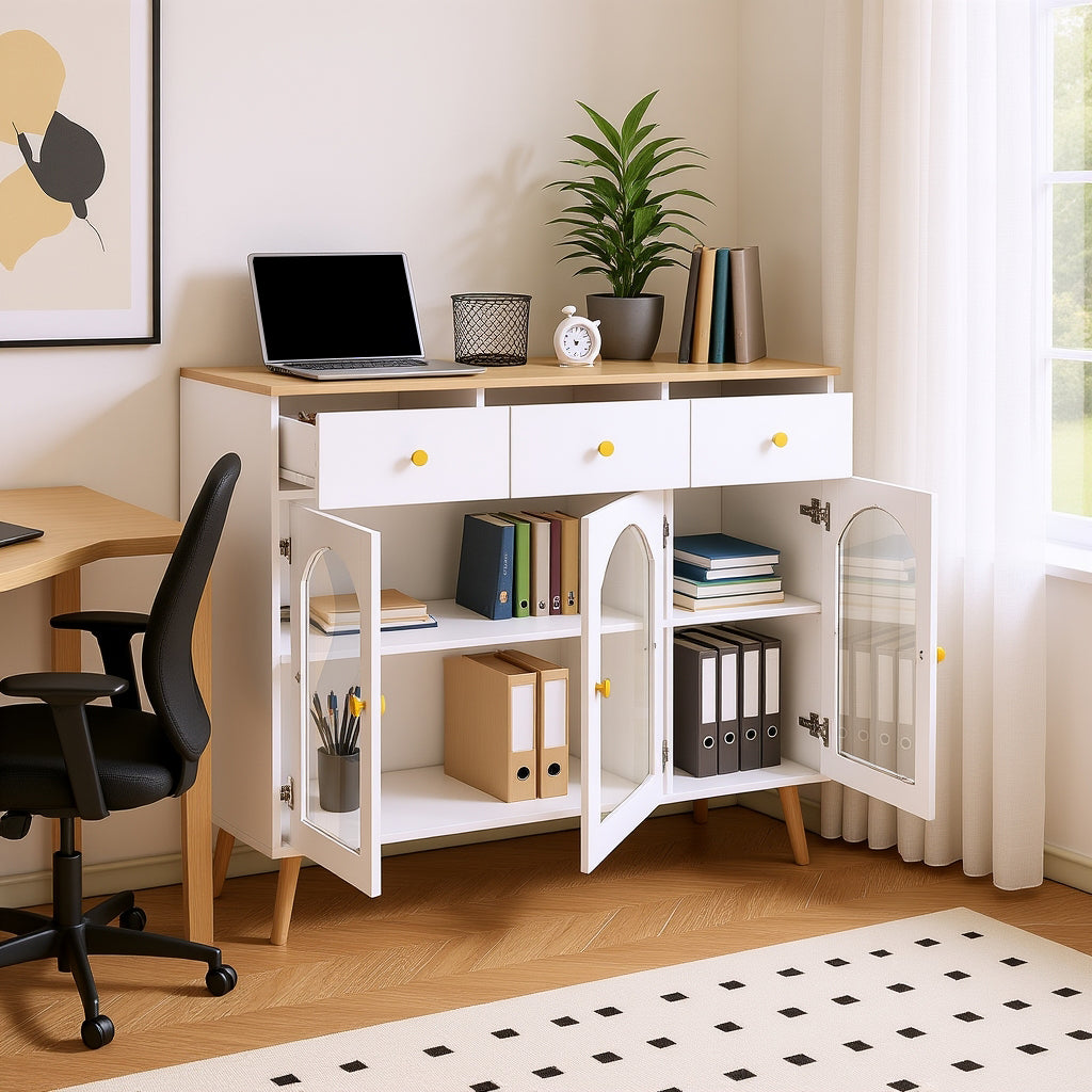 Weißes und natürliches Holzbuffet mit 3 Schubladen und 3 angepasste Tür in temperiertem Glas, großer eleganter Stauraum