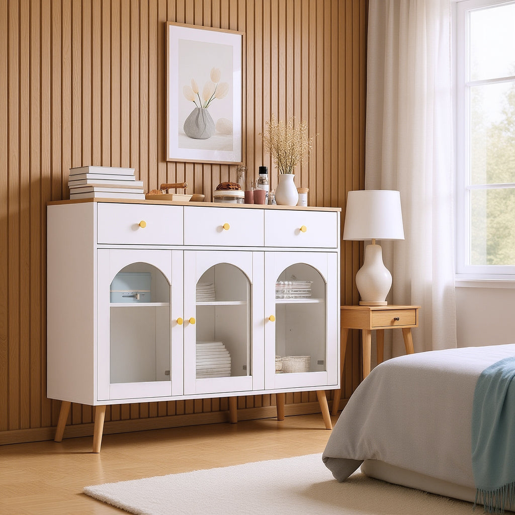 Weißes und natürliches Holzbuffet mit 3 Schubladen und 3 angepasste Tür in temperiertem Glas, großer eleganter Stauraum