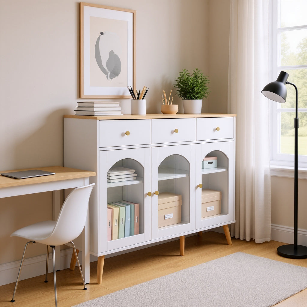 Weißes und natürliches Holzbuffet mit 3 Schubladen und 3 angepasste Tür in temperiertem Glas, großer eleganter Stauraum