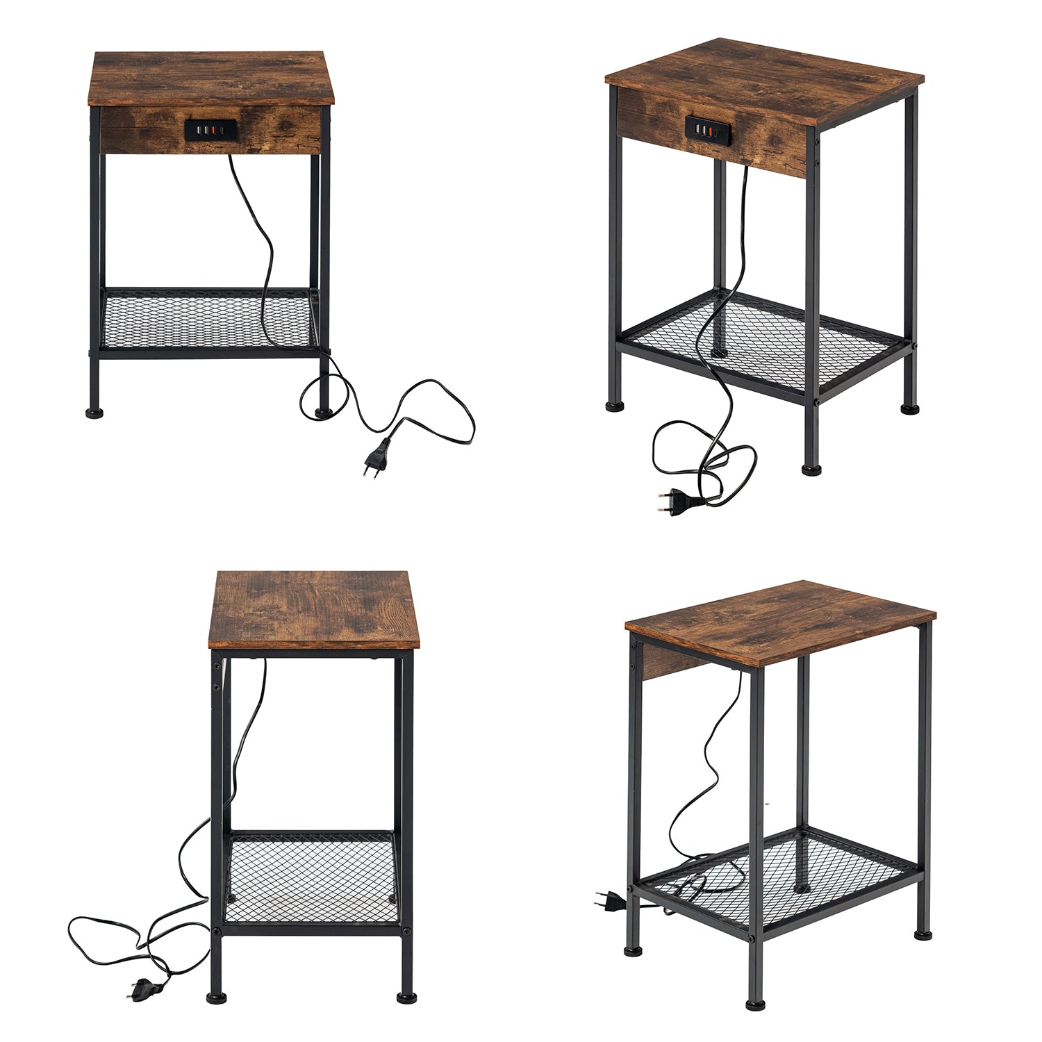 Beistelltisch/Beistelltisch im Industriedesign aus braunem Vintage-Holz und schwarzem Metall mit doppelter Tischplatte und integrierten USB-Anschlüssen – OAKHAM