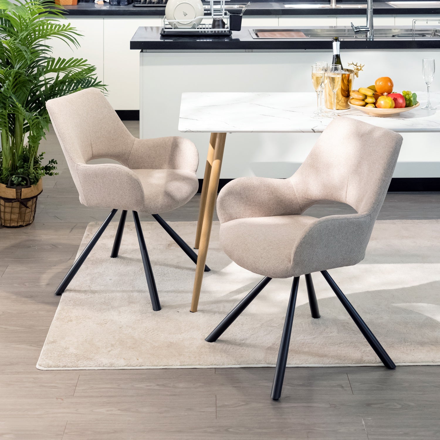 Set of 6 Scandinavian dining chairs with beige fabric armrests - Beth