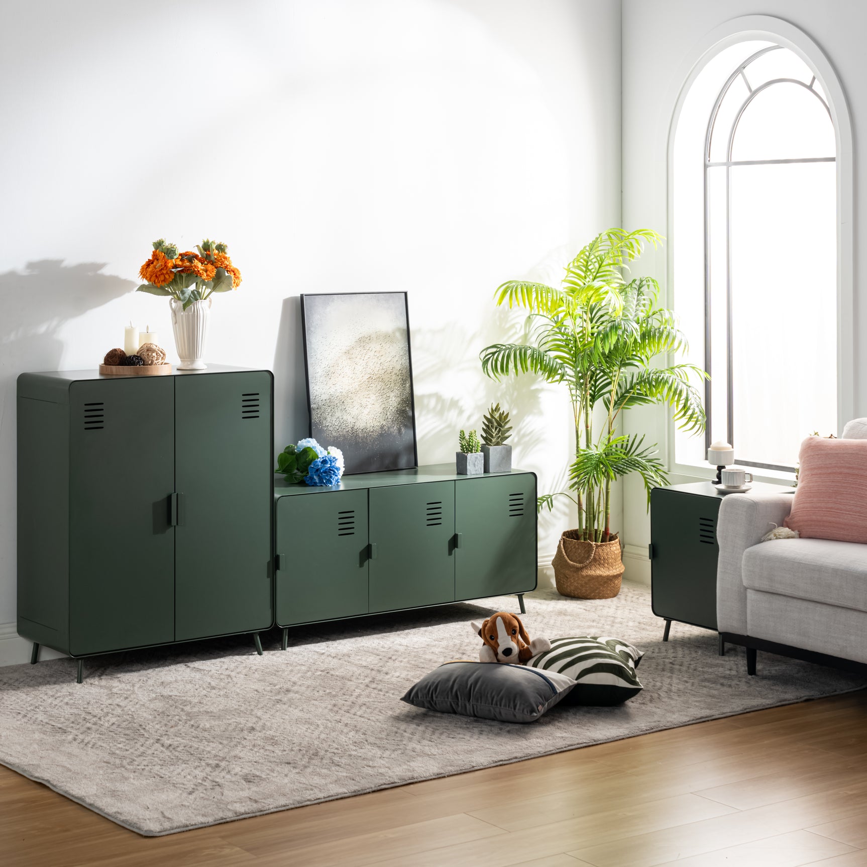 Meuble TV/Buffet salon en métal vert 3 portes et plateau en bois avec étagères - WALNUT