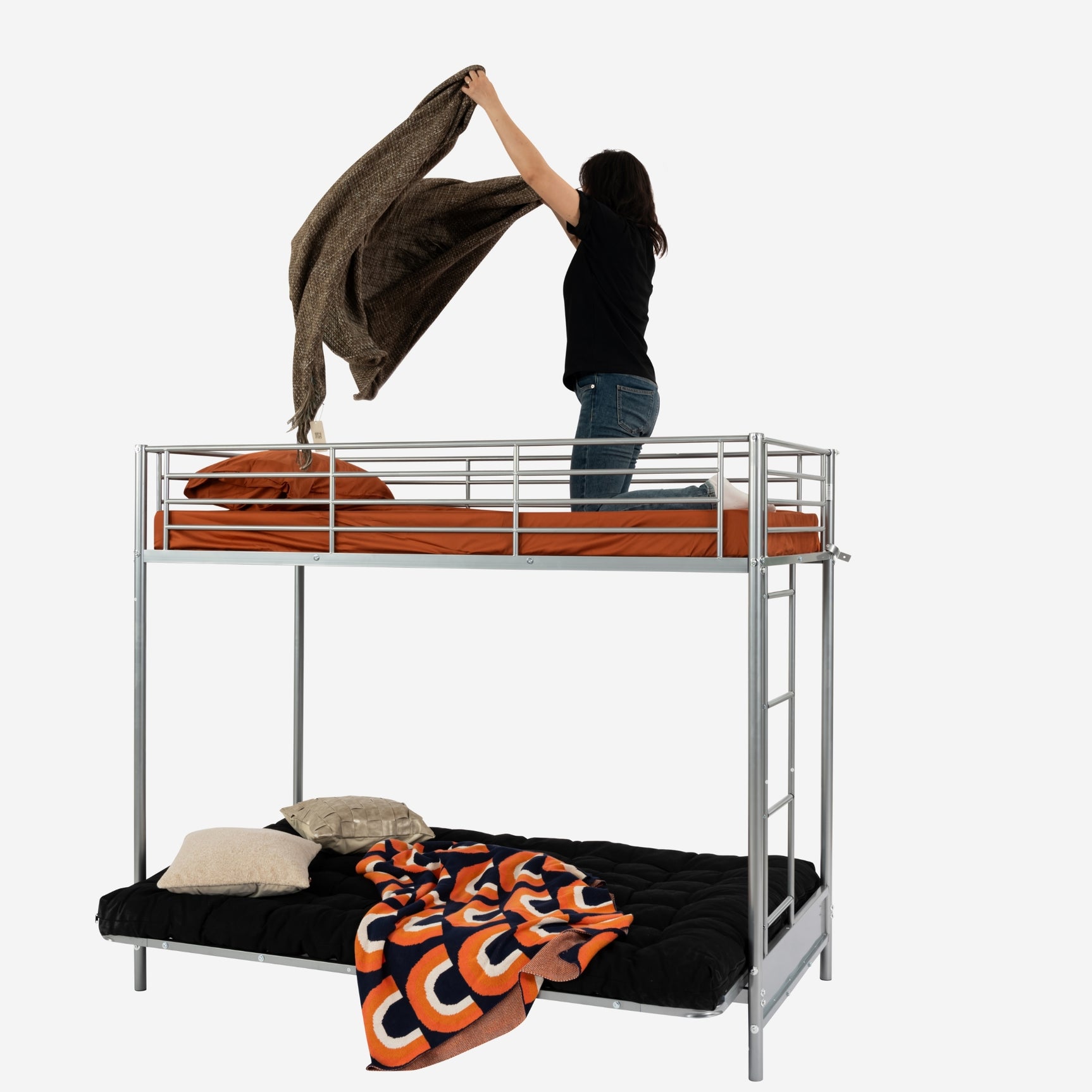 Lit superposé 90x190cm avec banquette convertible canapé et sommier à lattes en métal argenté (matelas non inclus) - LIBERTY
