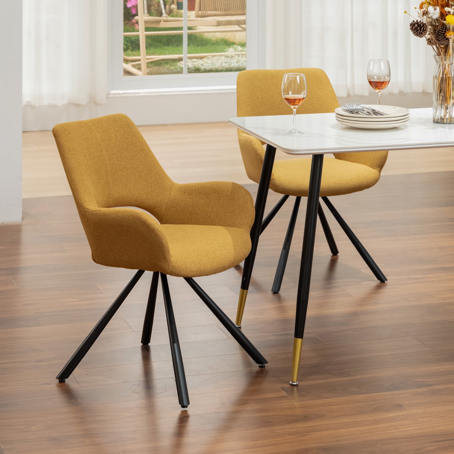 Set of 6 contemporary dining room chairs in yellow fabric, black metal legs - BETH FABRIC YELLOW 6PCS