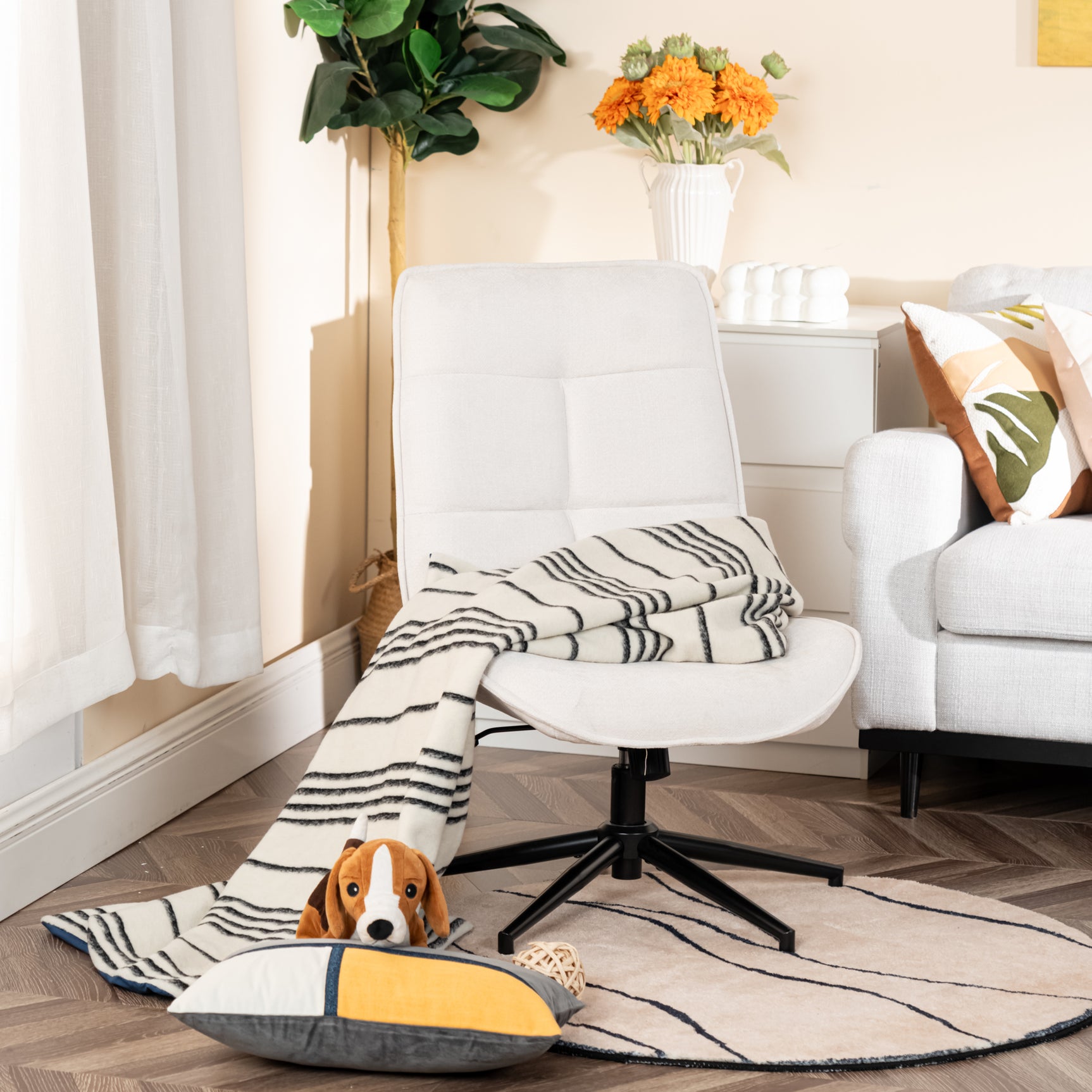 Fauteuil de loisirs réglable en tissu chenille beige pivotant à 360° - CHARLOTTE