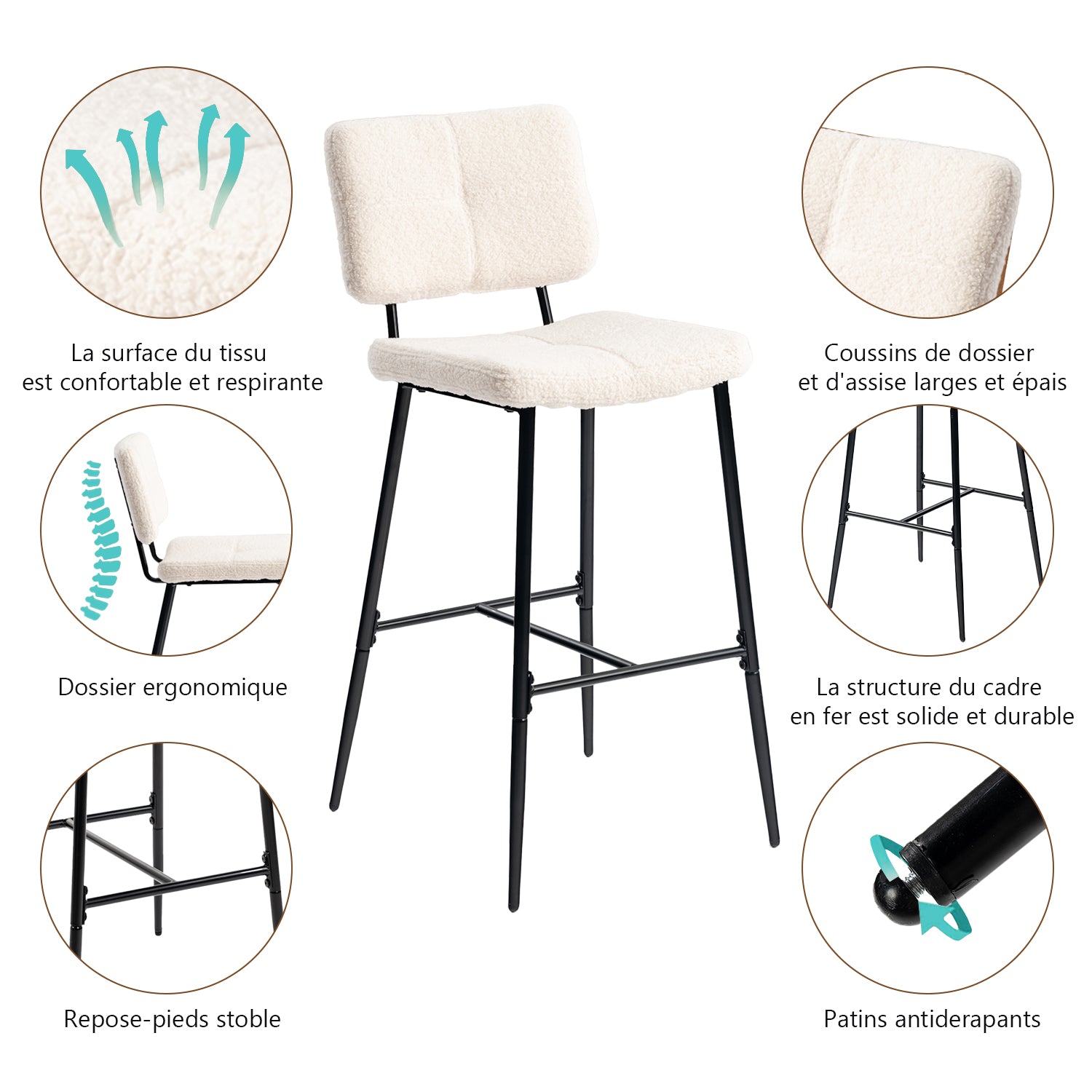 Lot de 6 tabourets de bar scandinaves avec dossier en tissu mouton bouclette beige - POMONA BAR
