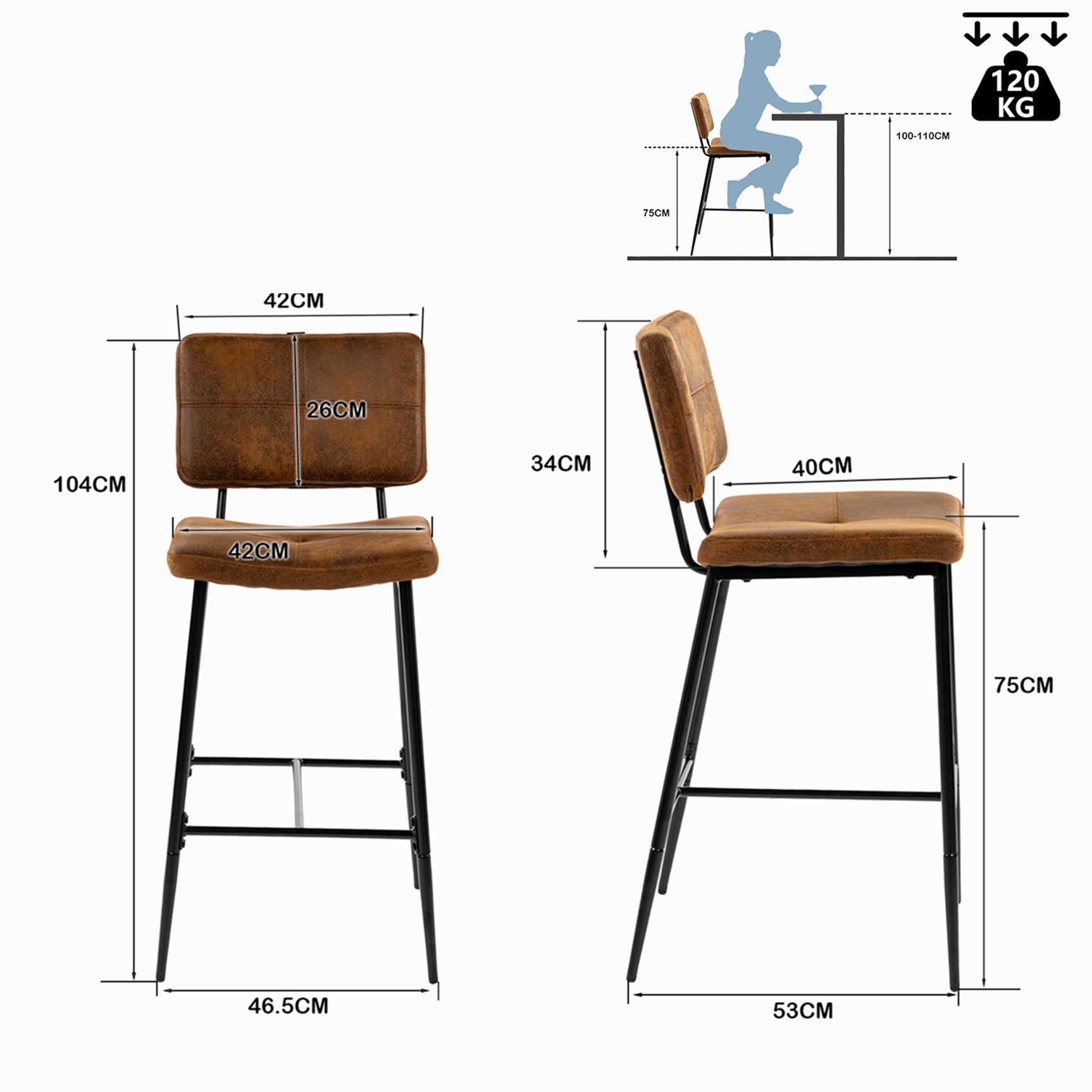 Lot de 2 tabourets de bar industriels avec dossier en suédine - POMONA BAR