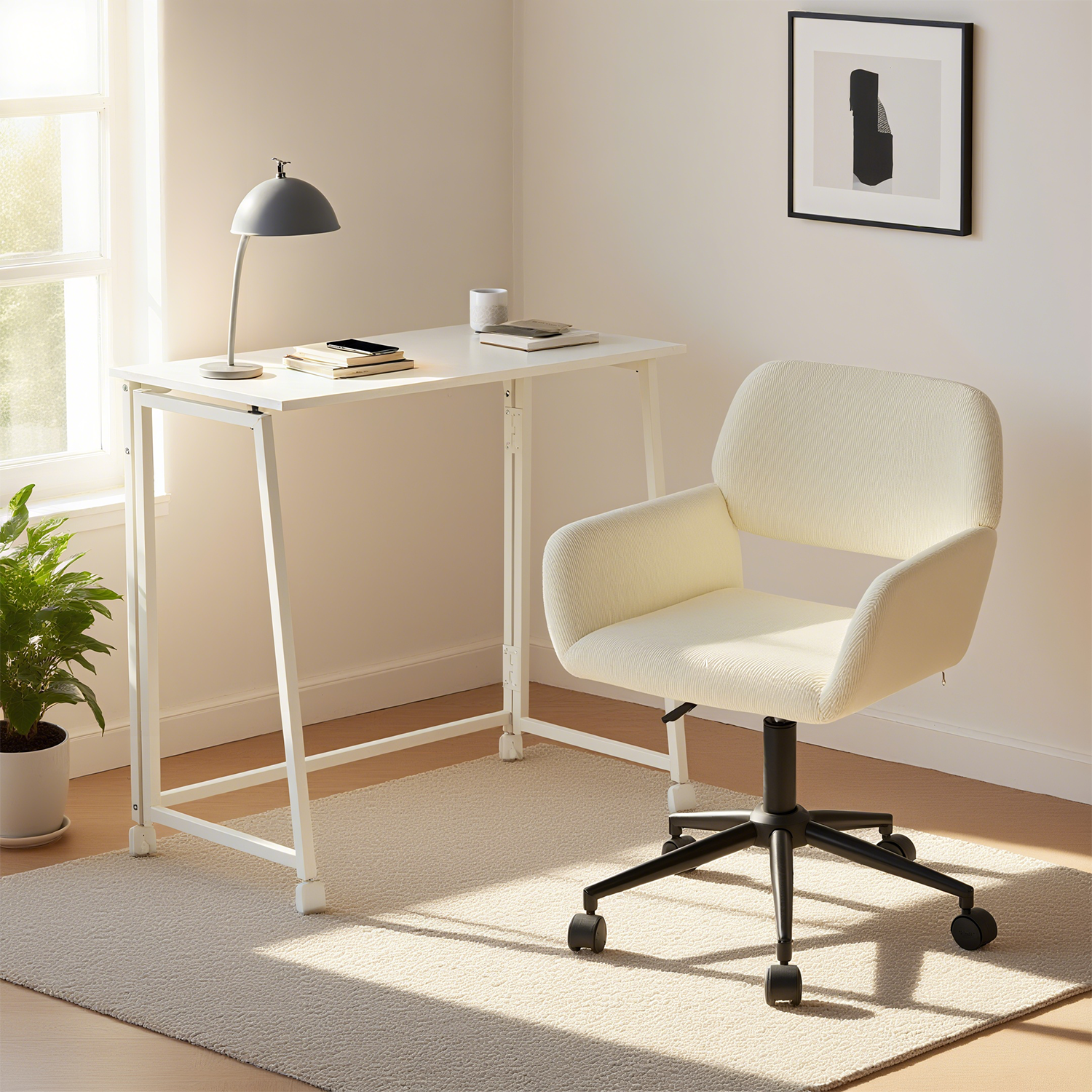 Ensemble avec bureau pliable blanc à roulettes et fauteuil en velours côtelé beige - ASCOLI & ROSS