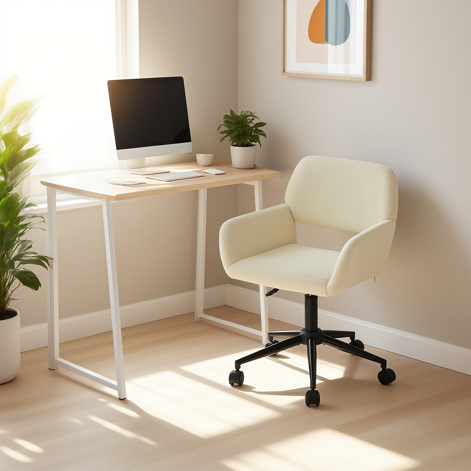 Ensemble bureau pliable et fauteuil de bureau en velours côtelé beige - ASCOLI & ROSS