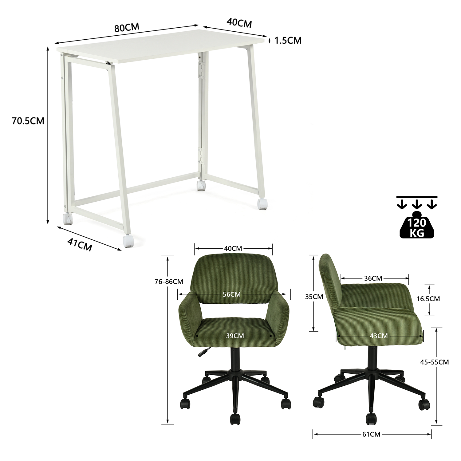 Ensemble avec bureau pliable blanc à roulettes et fauteuil en velours côtelé vert olive - ASCOLI & ROSS