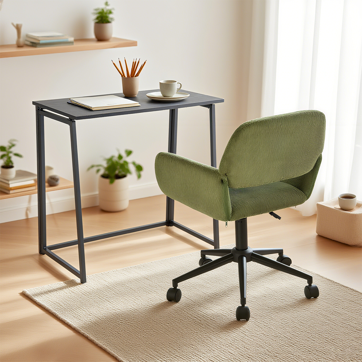 Black metal folding desk and olive green corduroy office chair set – ASCOLI & ROSS