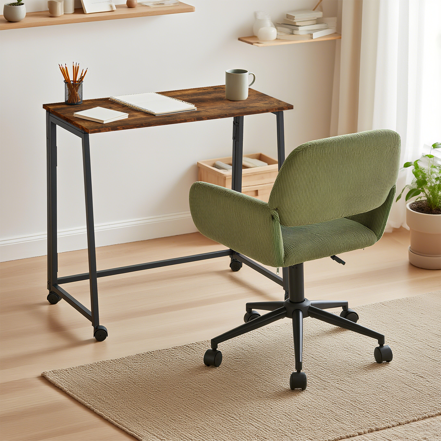 Ensemble avec bureau pliable industriel à roulettes et fauteuil en velours côtelé vert olive - ASCOLI & ROSS