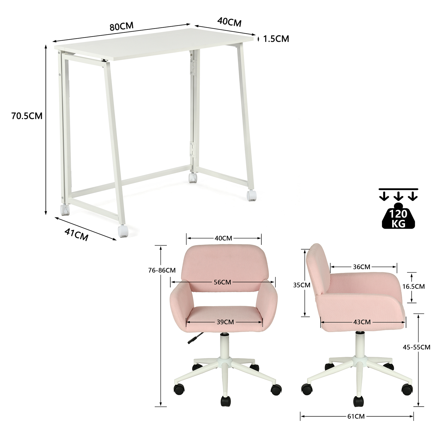 Set with White foldable desk on wheels and olive green velvet velvet chair - Ascoli & Ross