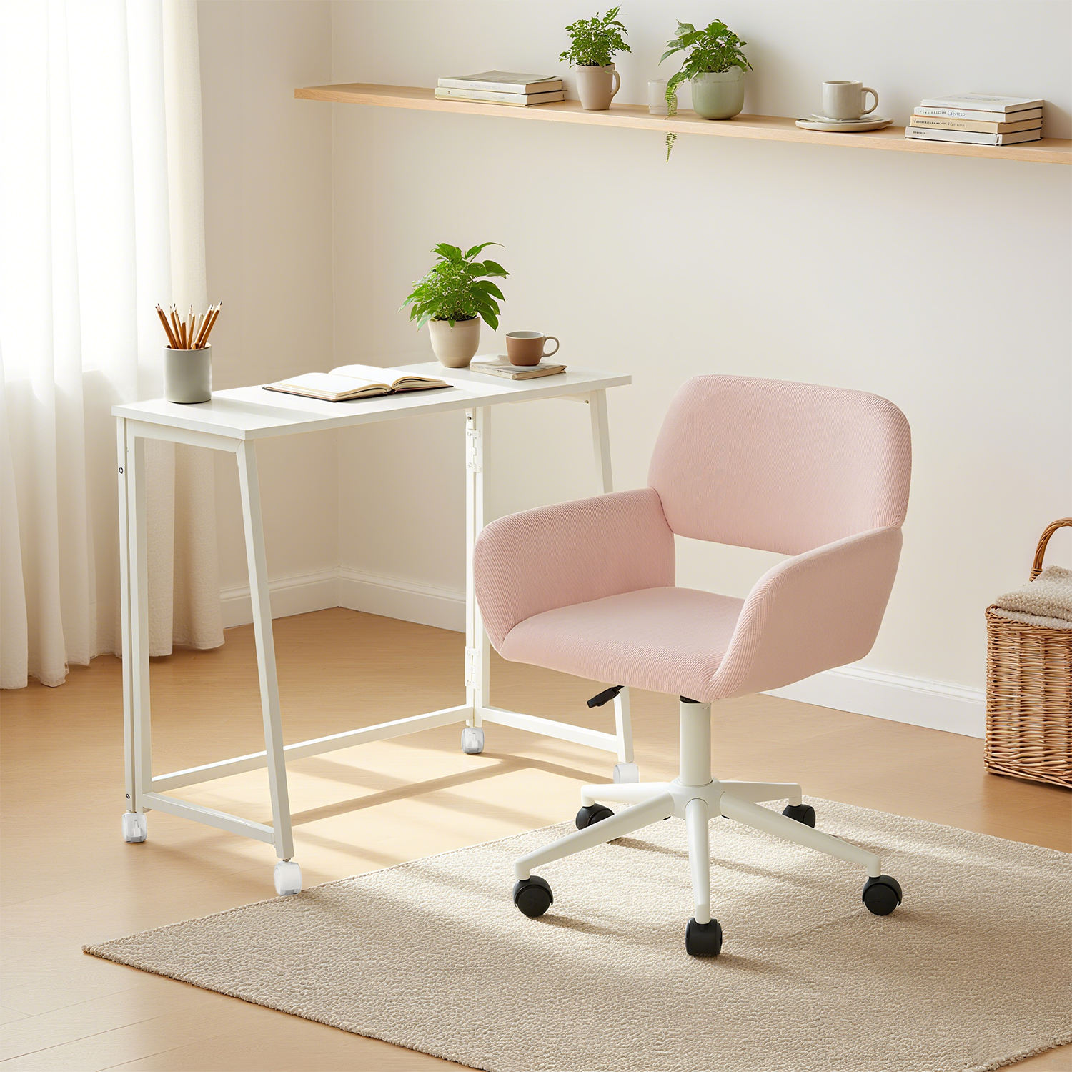 Set with White foldable desk on wheels and olive green velvet velvet chair - Ascoli & Ross