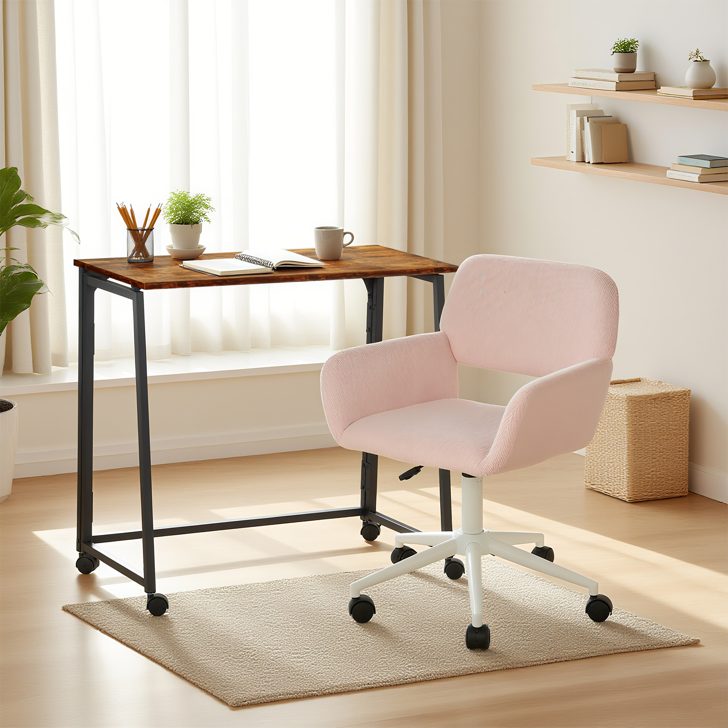 Ensemble avec bureau pliable industriel à roulettes et fauteuil en velours côtelé rose - ASCOLI & ROSS
