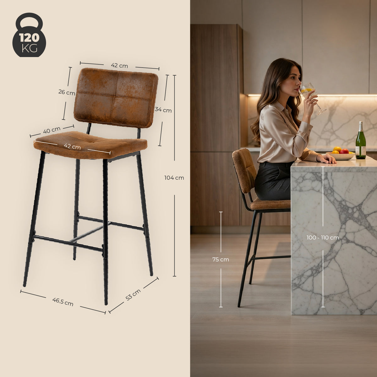 Set of 2 industrial bar stools with suede back - POMONA BAR