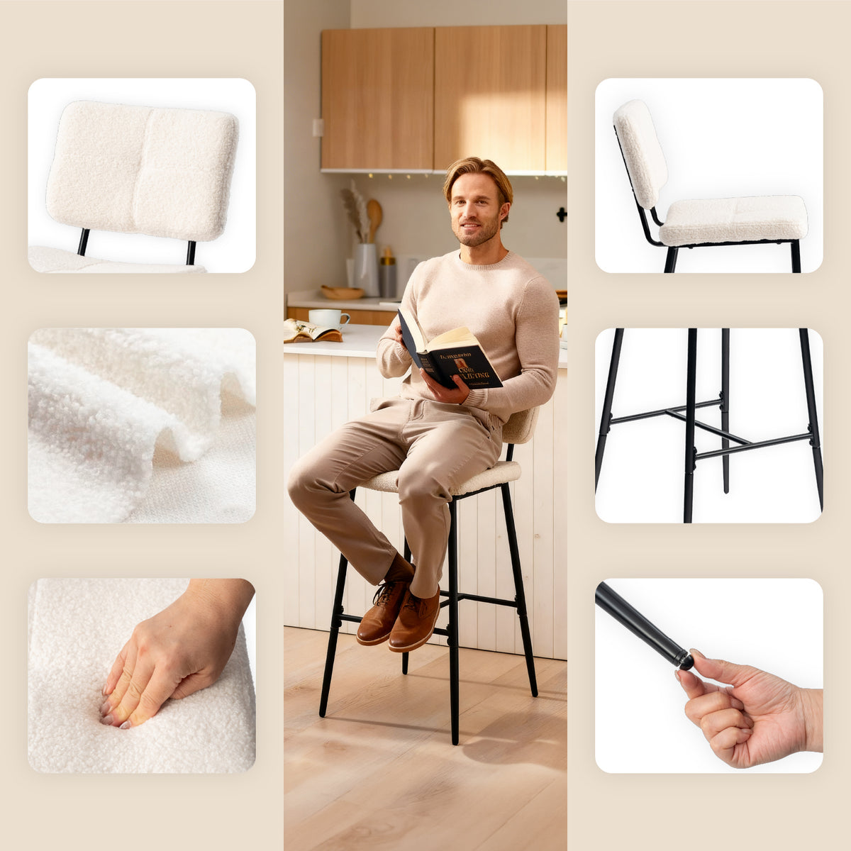 Lot de 2 tabourets de bar scandinaves avec dossier en tissu mouton bouclette beige - POMONA BAR