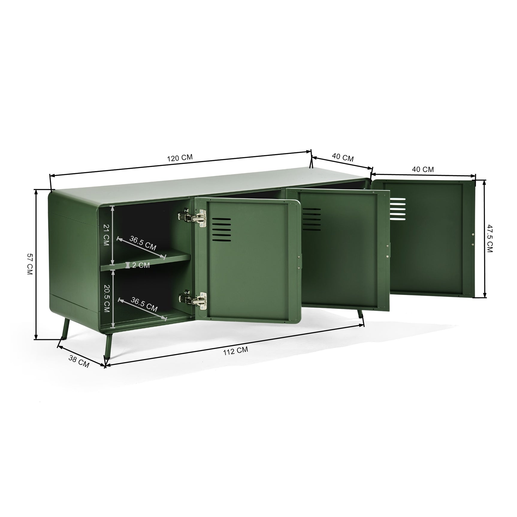 Meuble TV/Buffet salon en métal vert 3 portes et plateau en bois avec étagères - WALNUT