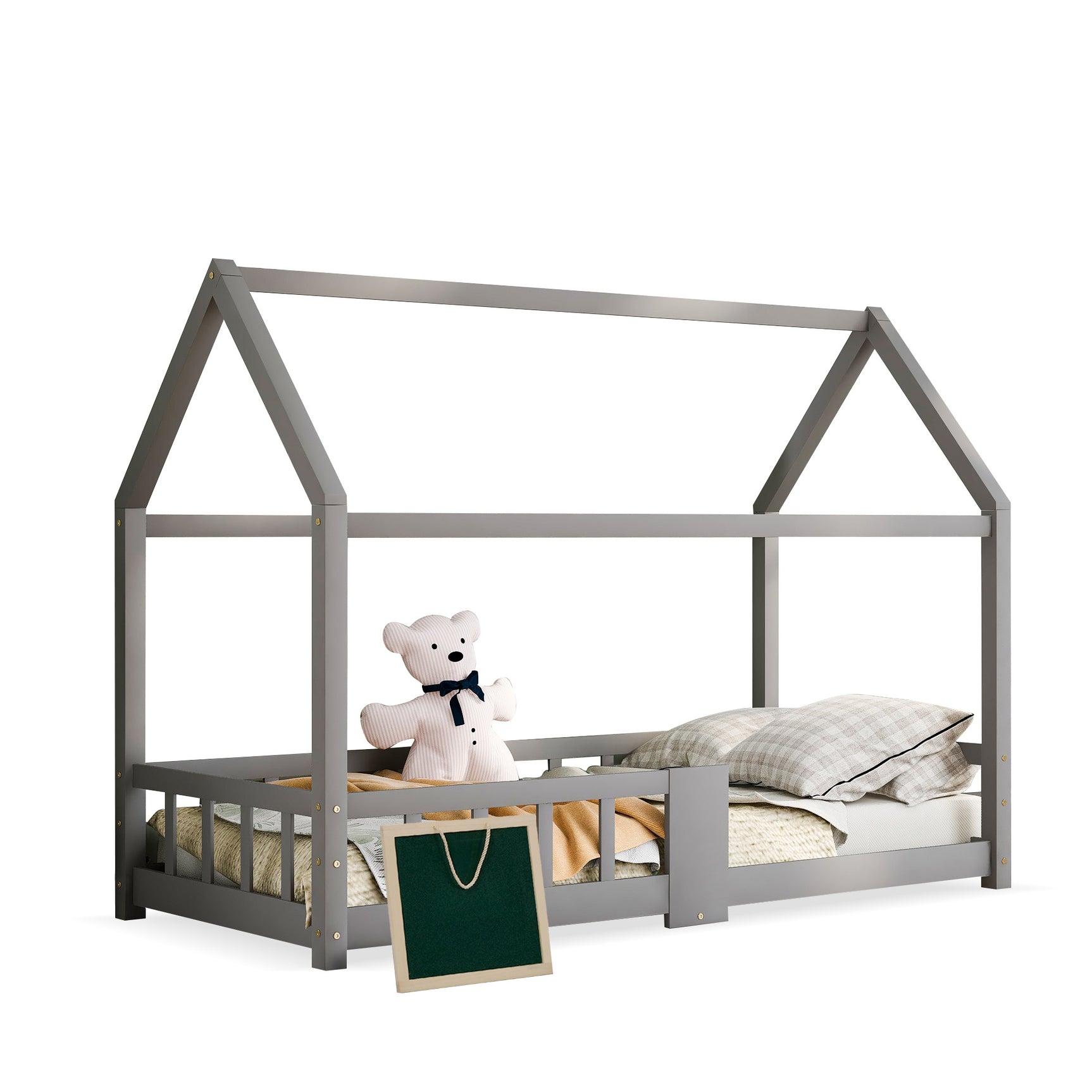 Lit cabane enfant 90x200 cm gris en bois massif avec tableau noir, sommier à lattes et barrières de sécurité, sans matelas