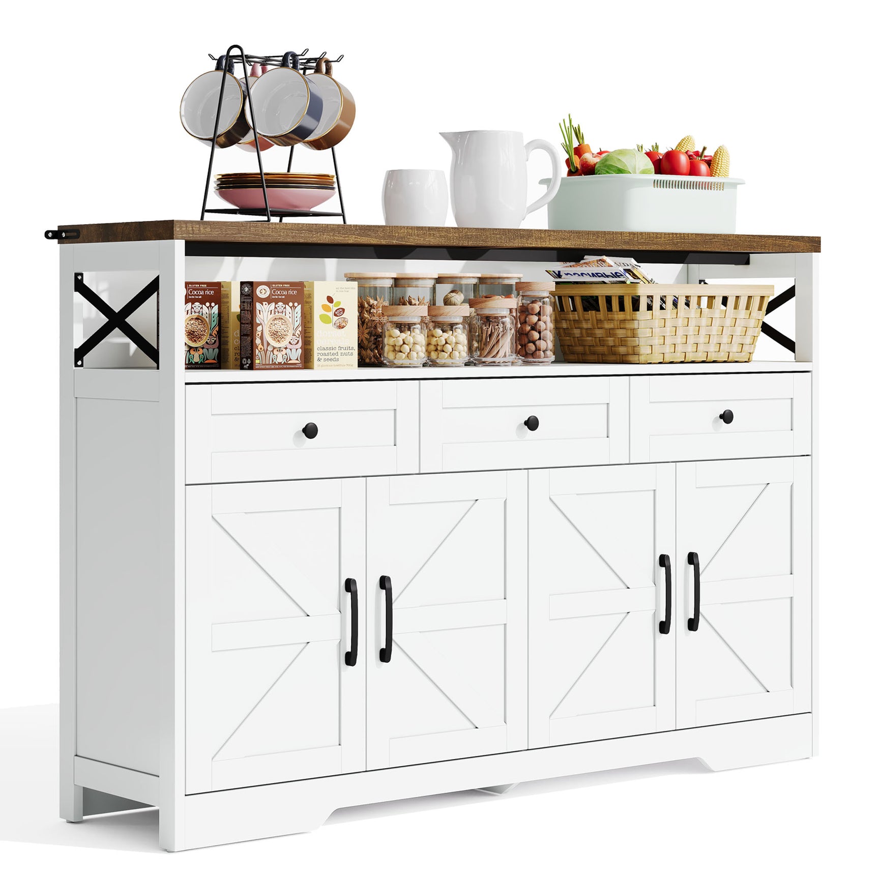 Buffet rustique blanc et brun avec 3 tiroirs et 2 portes