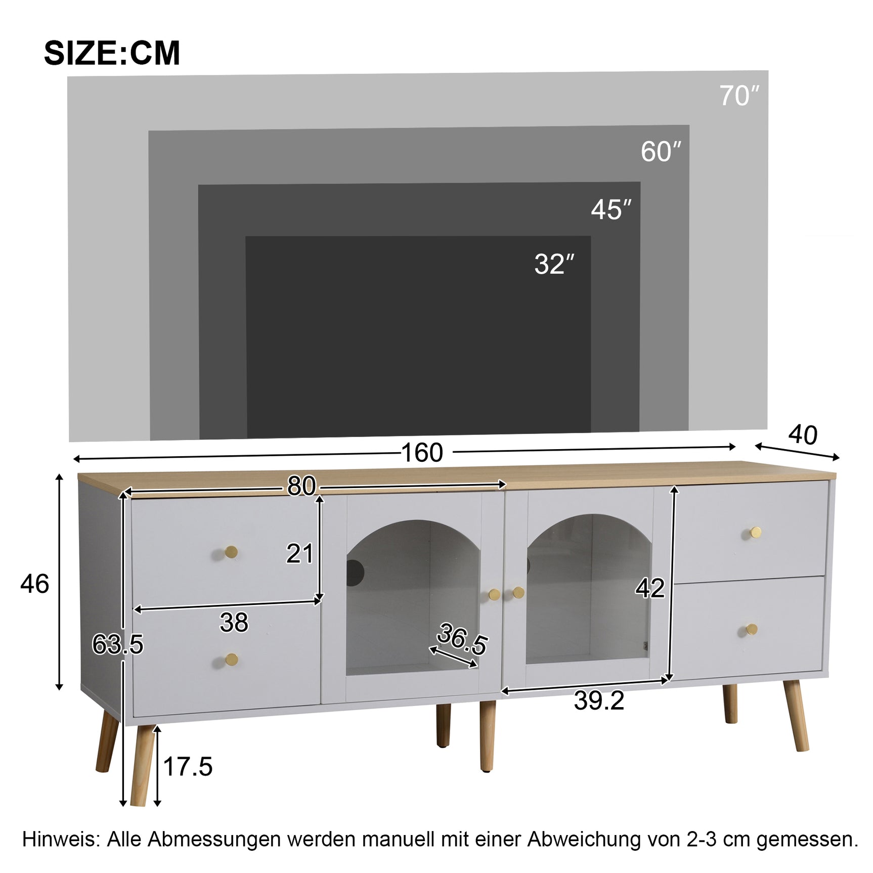 TV cabinet with 4 drawers and 2 glass doors in tempered glass, modern white design and natural wood