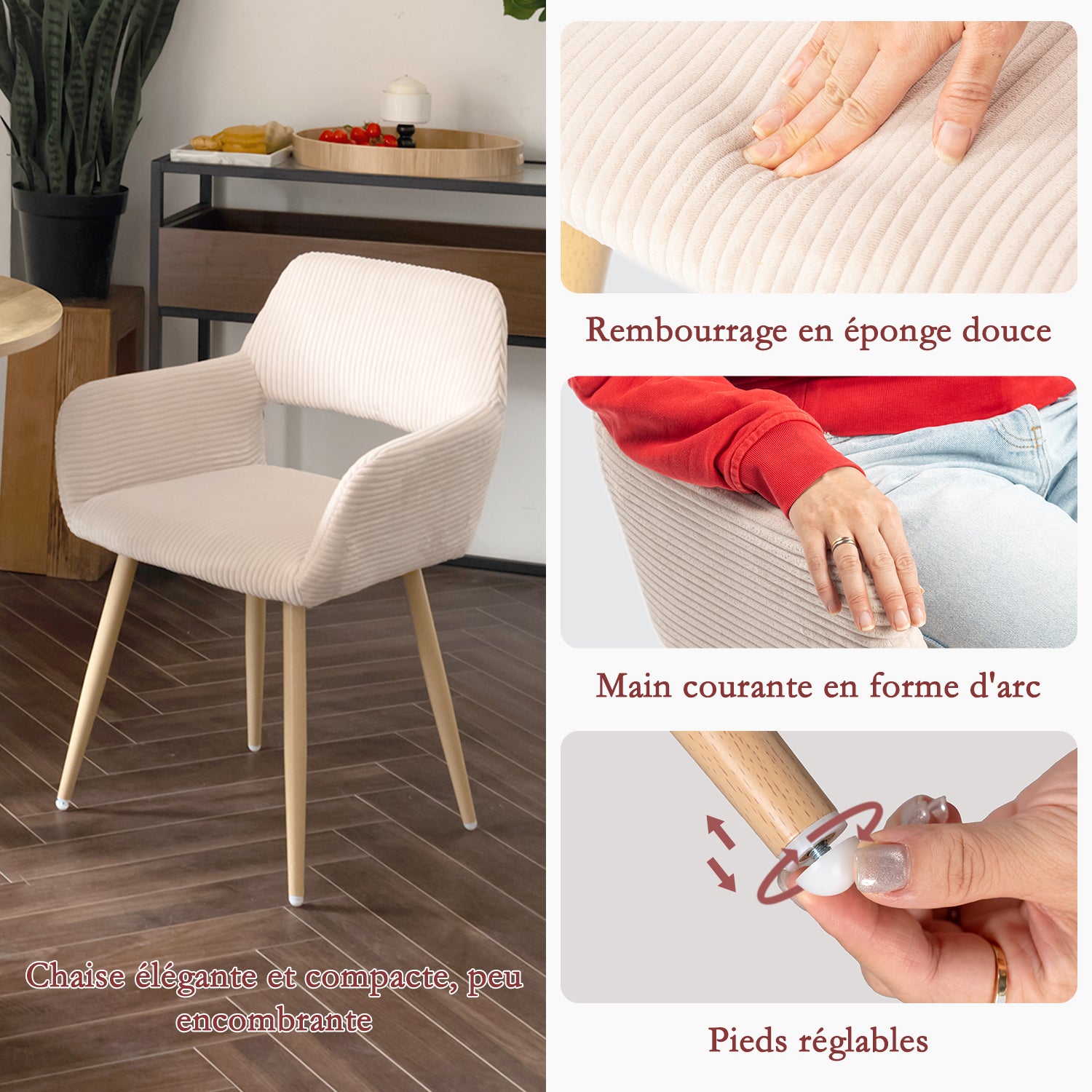 Ensemble de salle à manger de style scandinave comprenant une table ronde en chêne et 2 chaises en velours côtelé beige