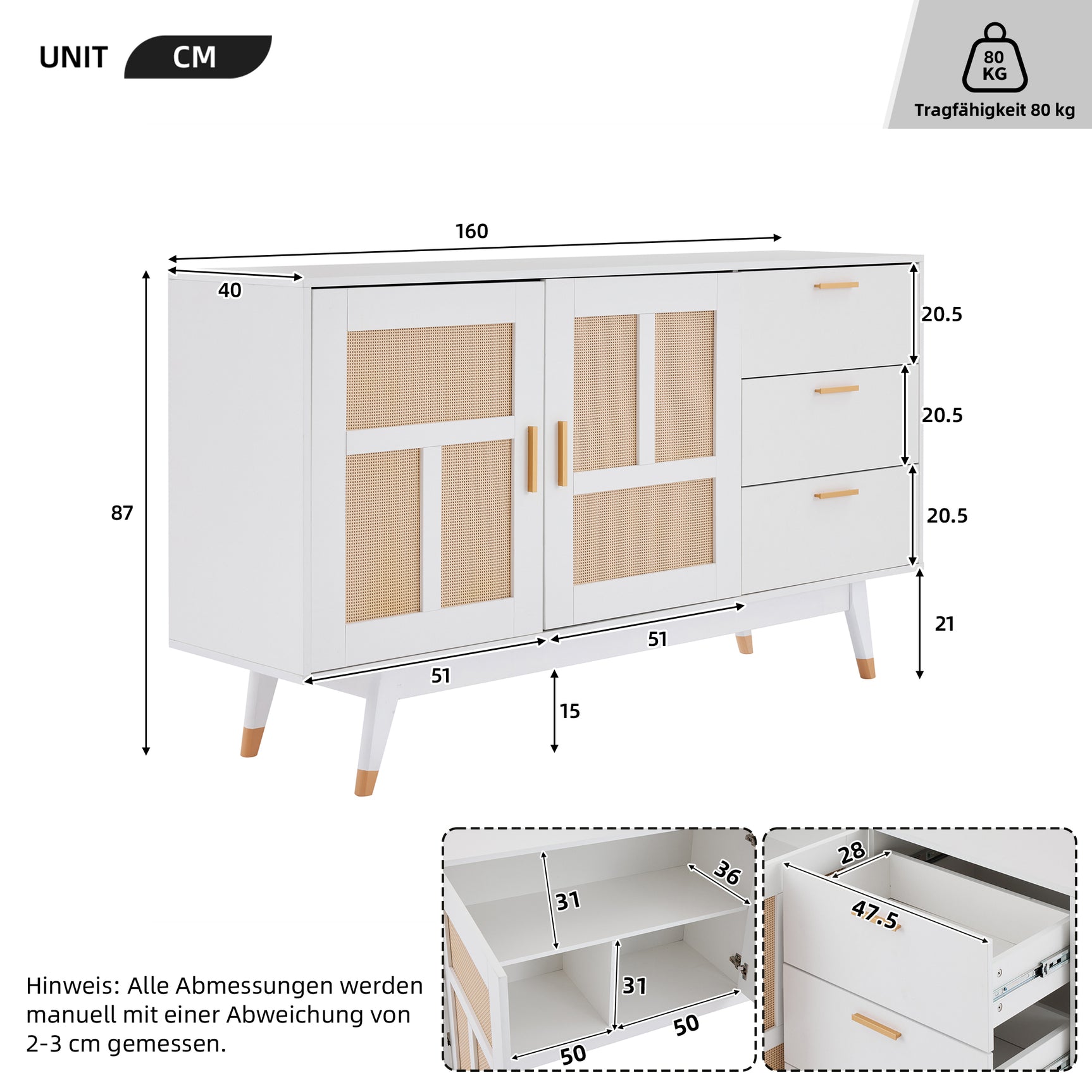 Decorative white rattan buffet with 2 rattan doors and 3 drawers, elegant multifunction storage unit with golden details, 160x40x87 cm