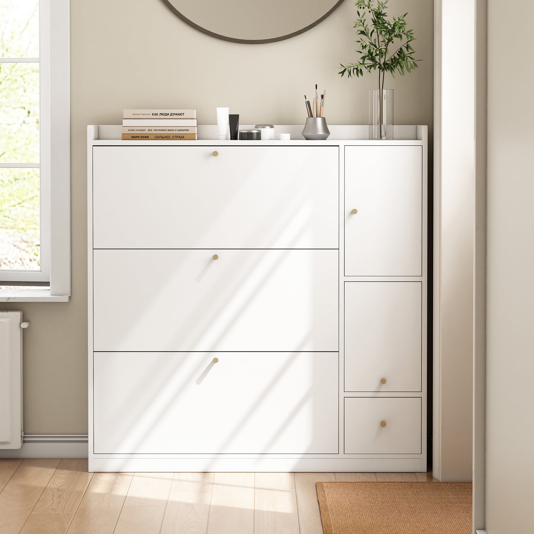 White shoe cabinet 119x24x122 cm with 3 tilting drawers, storage drawer, adjustable shelves and folding bench