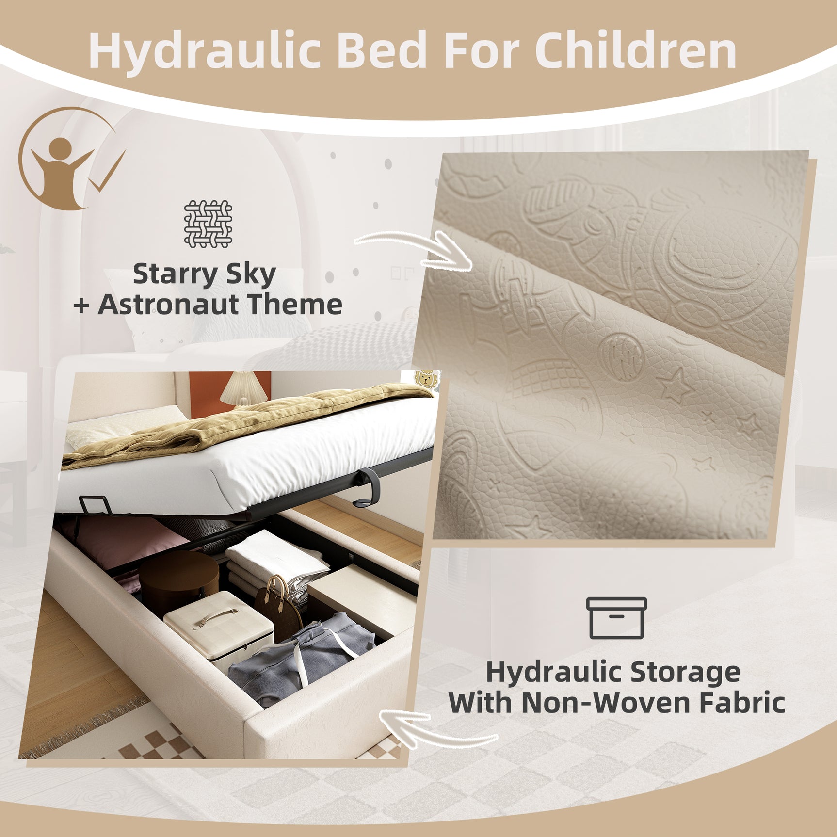 Children's bed 90 × 200 cm padded (without mattresses) in bed beige with arched headboard