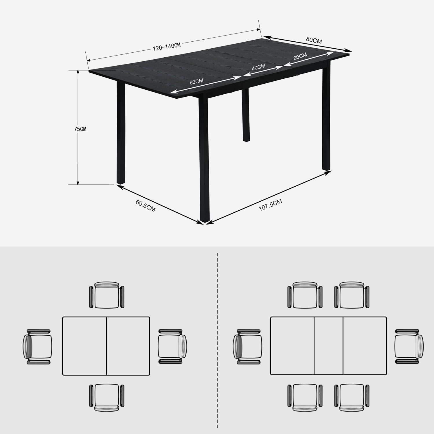 Runder Tisch in Walnussoptik Ø80 cm mit 4 schwarzen Samtstühlen, moderner und komfortabler Stil
