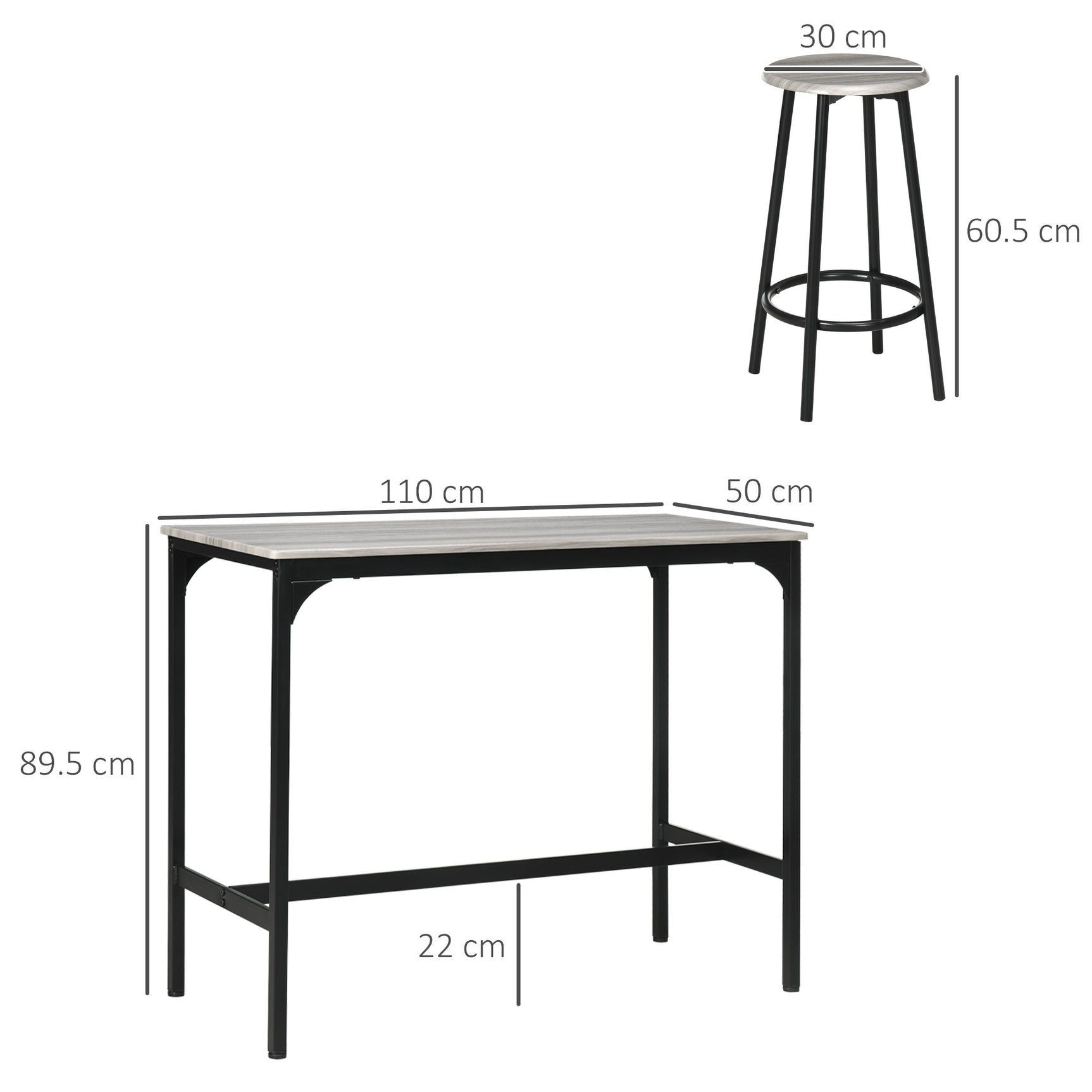 Ensemble de table haute avec quatre tabourets au design industriel gris en métal