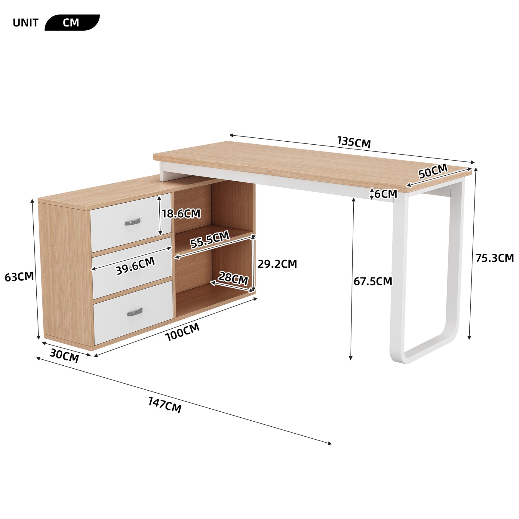 Bureau simple en bois naturel avec 3 tiroirs et 2 niches ouvertes â€?147×100×75,3 cm