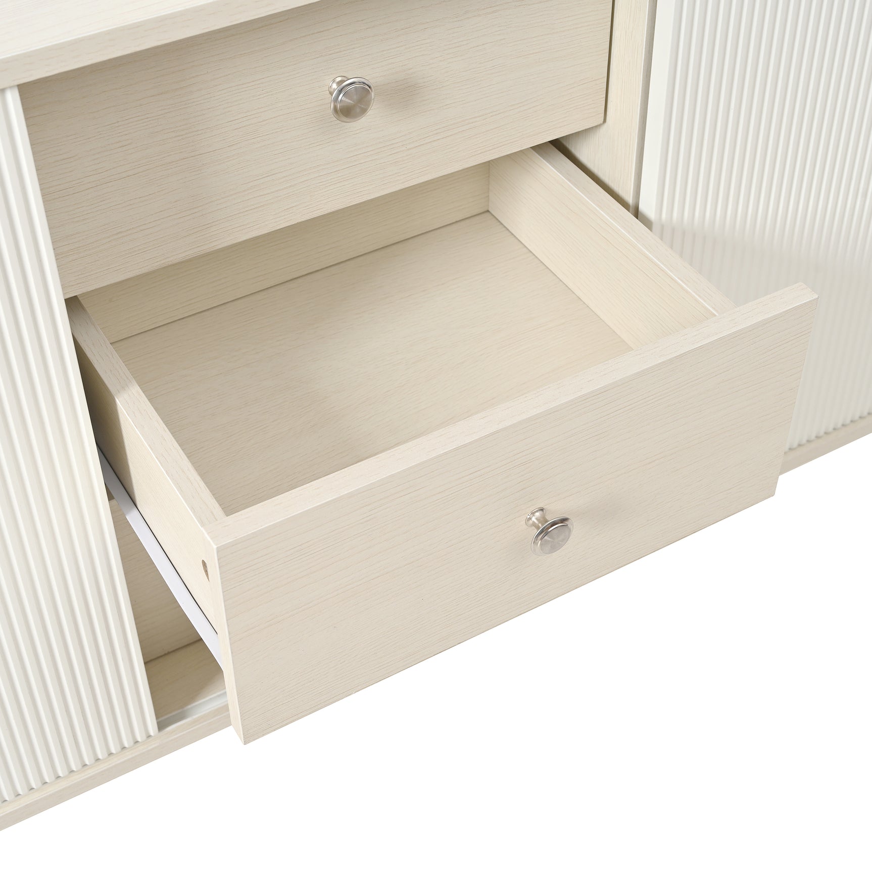 Buffet moderne blanc et bois avec 3 tiroirs et portes coulissantes à lattes