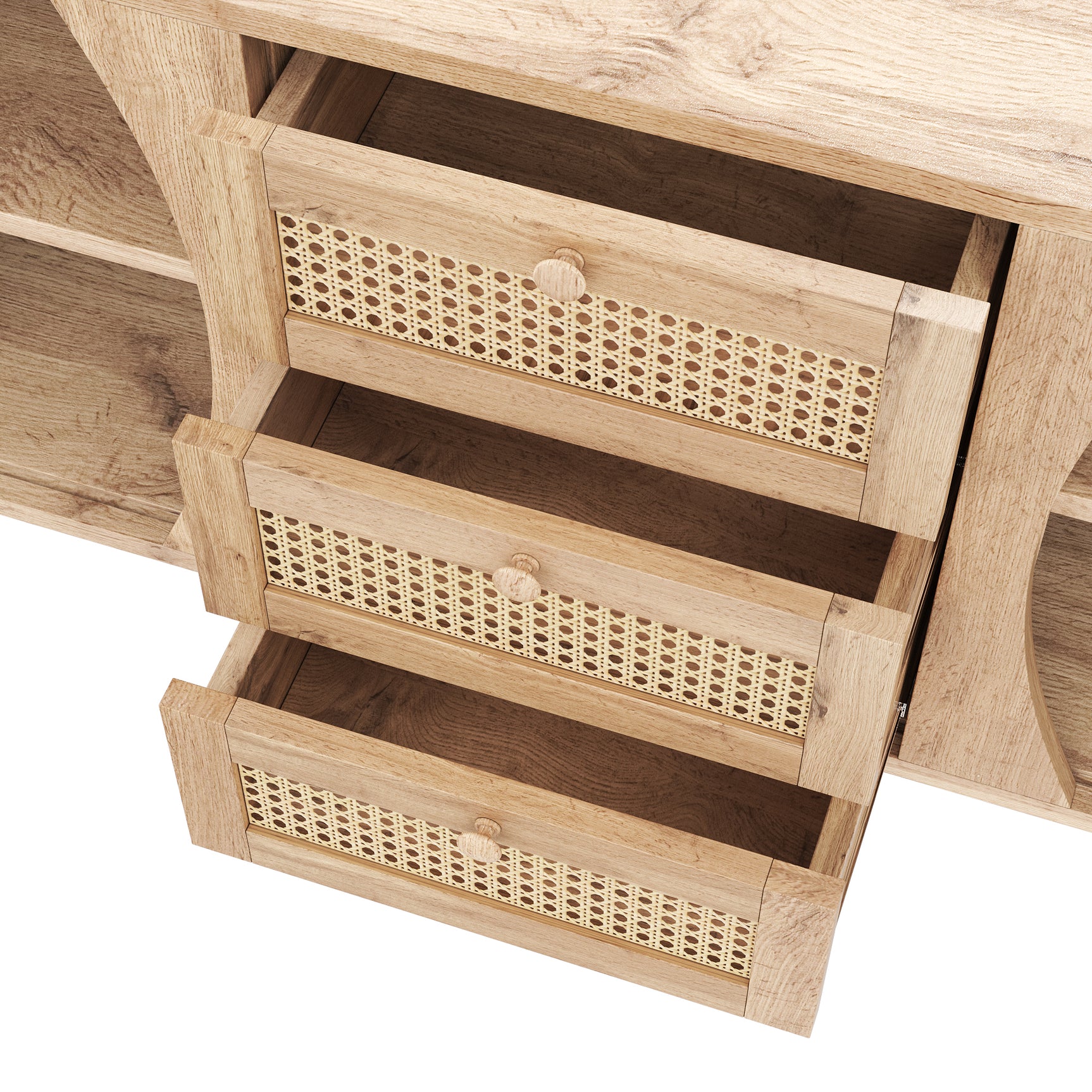 Holzbuffet mit Schiebetüren, 3 verstellbare Schubladen und Regale, abgerundete Tablett