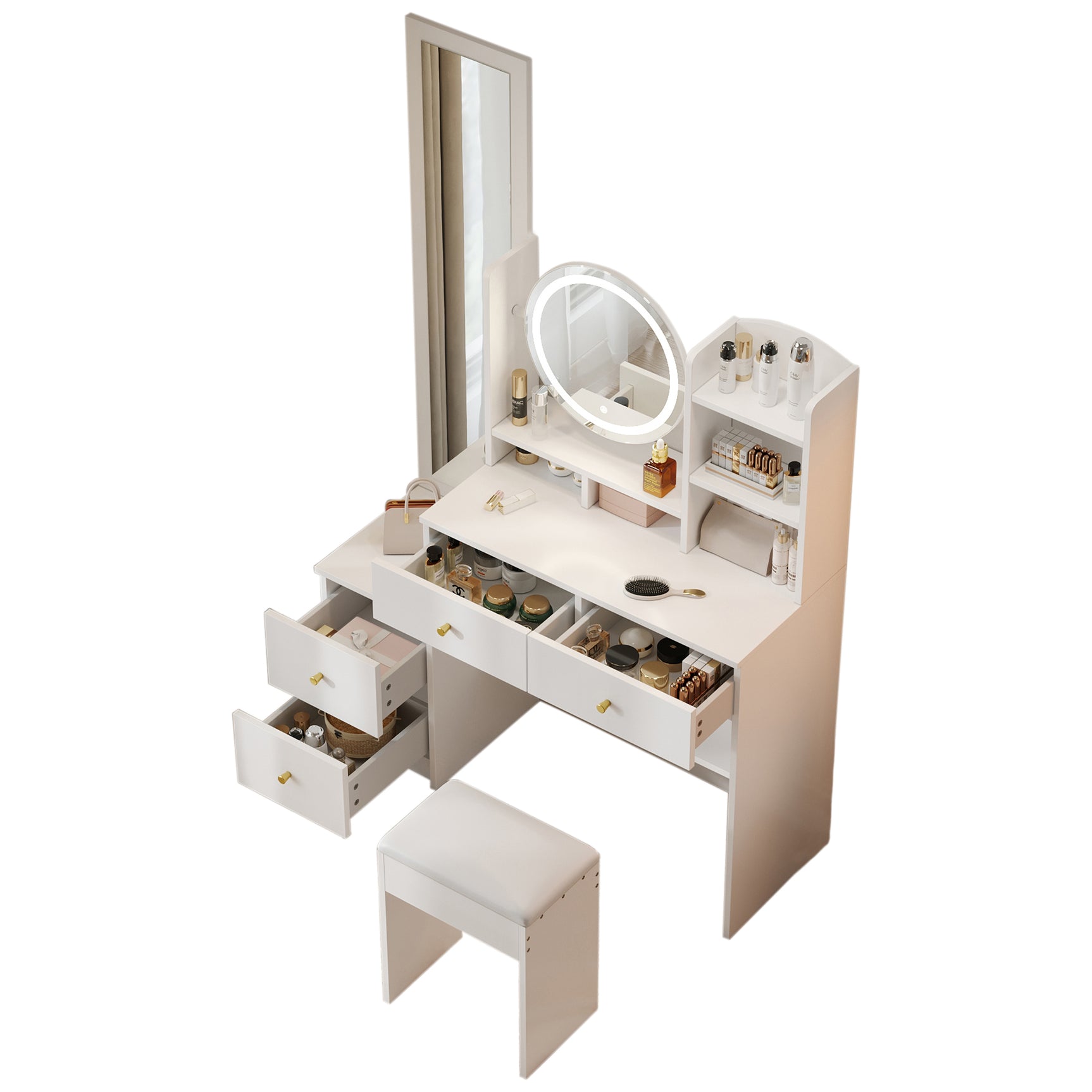 Coiffeuse 4-en-1 blanche avec miroir entier et miroir de table rotatif, tabouret rembourré, rangement intégré et éclairage LED 3 couleurs, 109x36x164 cm