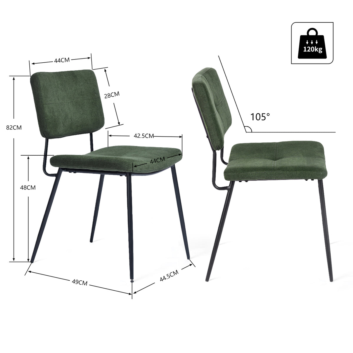 Ensemble de salle à manger comprenant une table extensible et 4 chaises de salle à manger industrielles en tissu vert