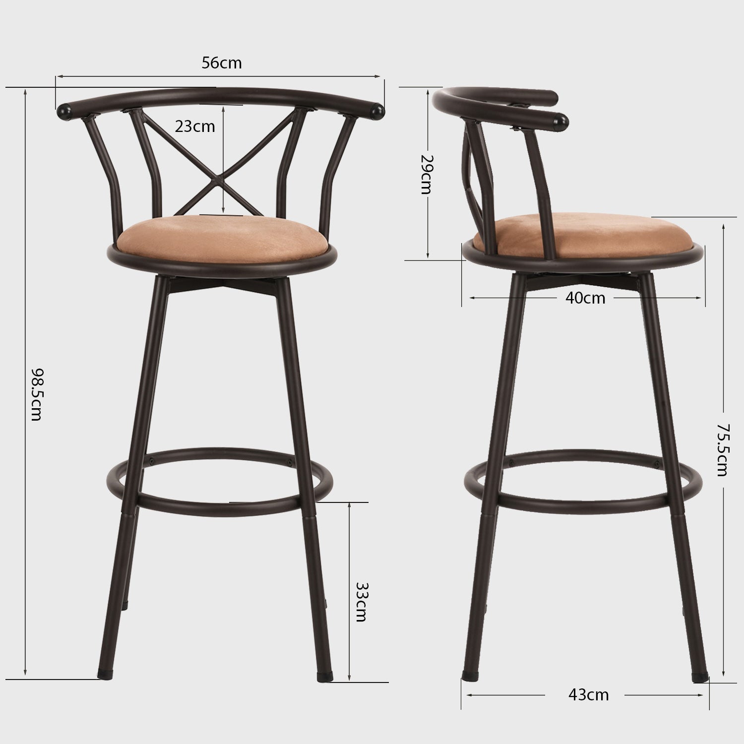 Set von 6 schwenkbaren Industriestangenhockern mit brauner Stoffrückländer - Hailey 29