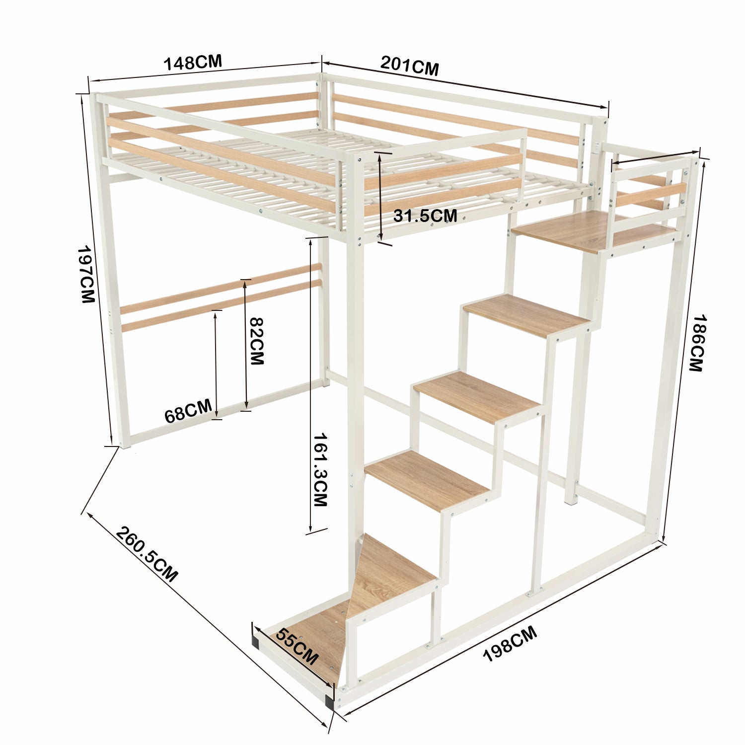 2 -seater mezzanine bed (140x200) with slatted box spring with industrial white and wood style (mattress not included) - up