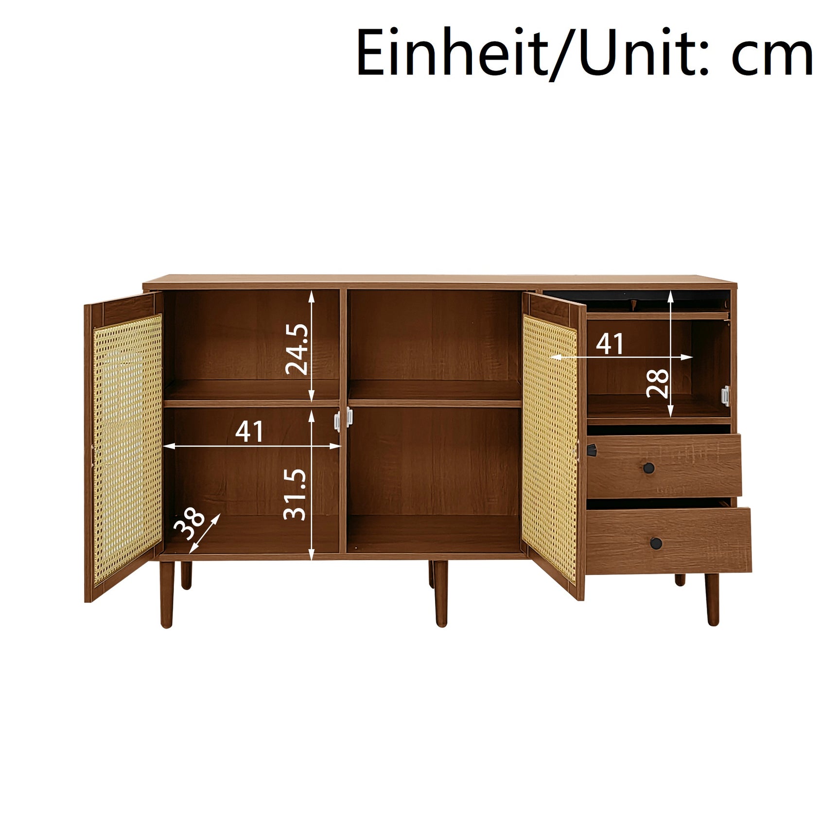 Holzbuffet -Kampagnenstil mit Konservenentüren, verstellbaren Regalen und Schubladen 130 × 75,5 × 40 cm