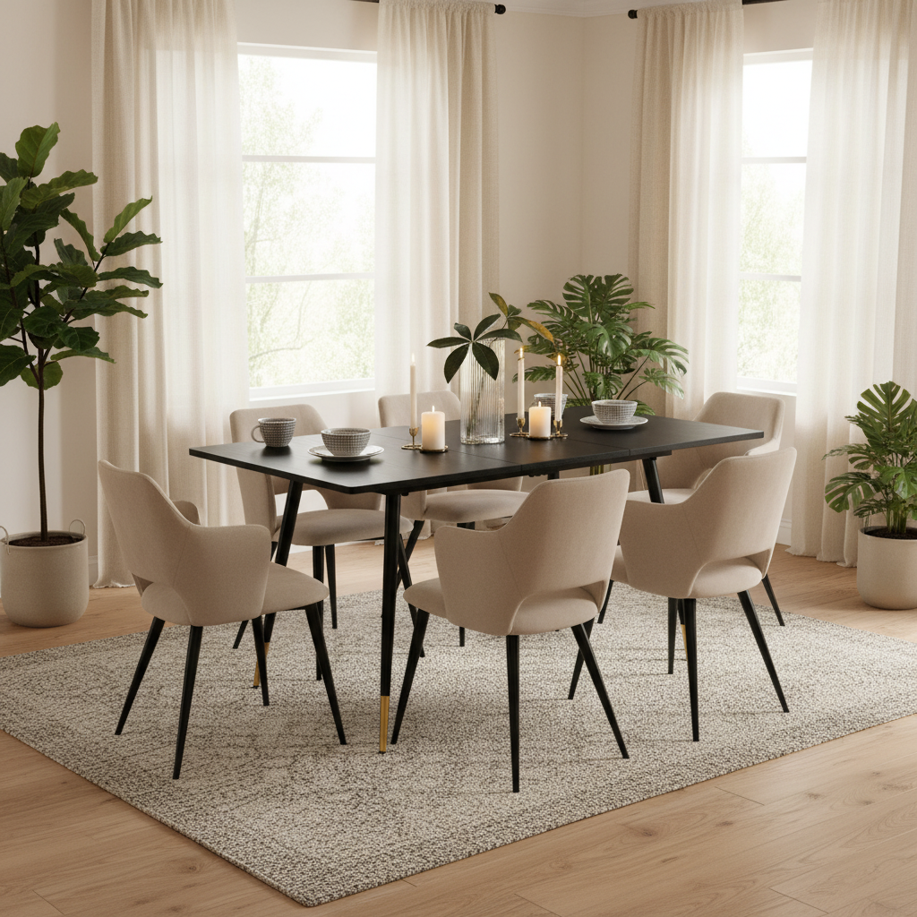 Round Table Table Table Table Timber Ø80 cm with 4 black velvet chairs, modern and comfortable style